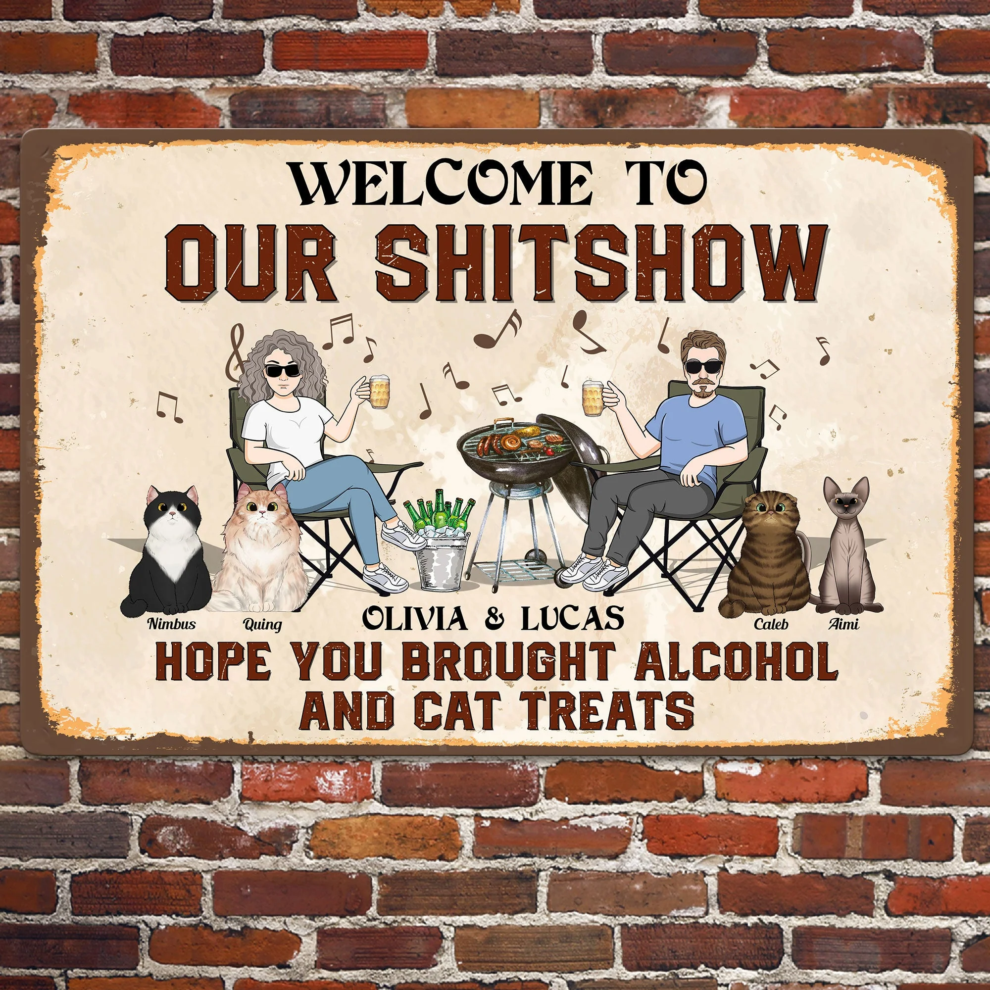 Our Shitshow Alcohol And Cat Treats - Personalized Metal Sign - Image 2