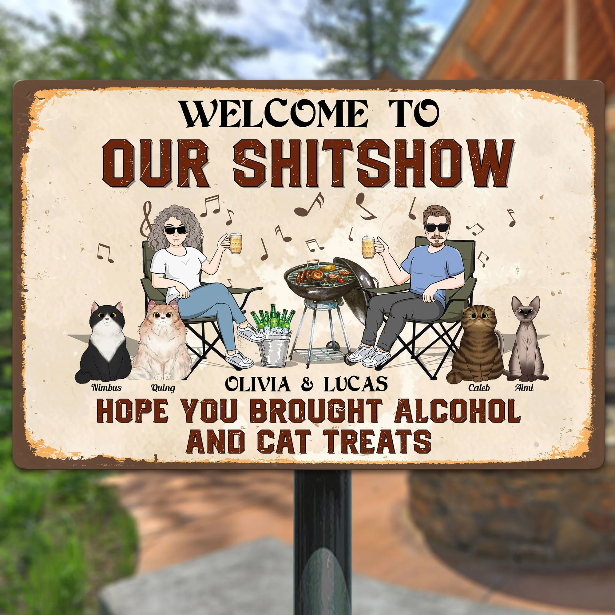 Our Shitshow Alcohol And Cat Treats - Personalized Metal Sign - Image 3