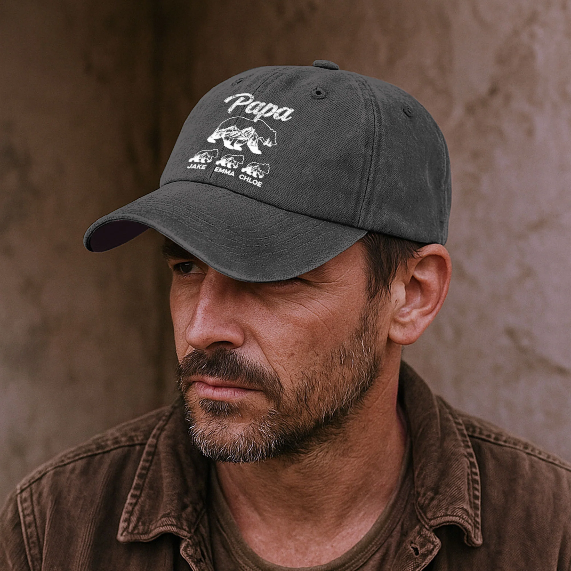 Papa Bear And His Cubs - Personalized Distressed Denim Cap - Image 4