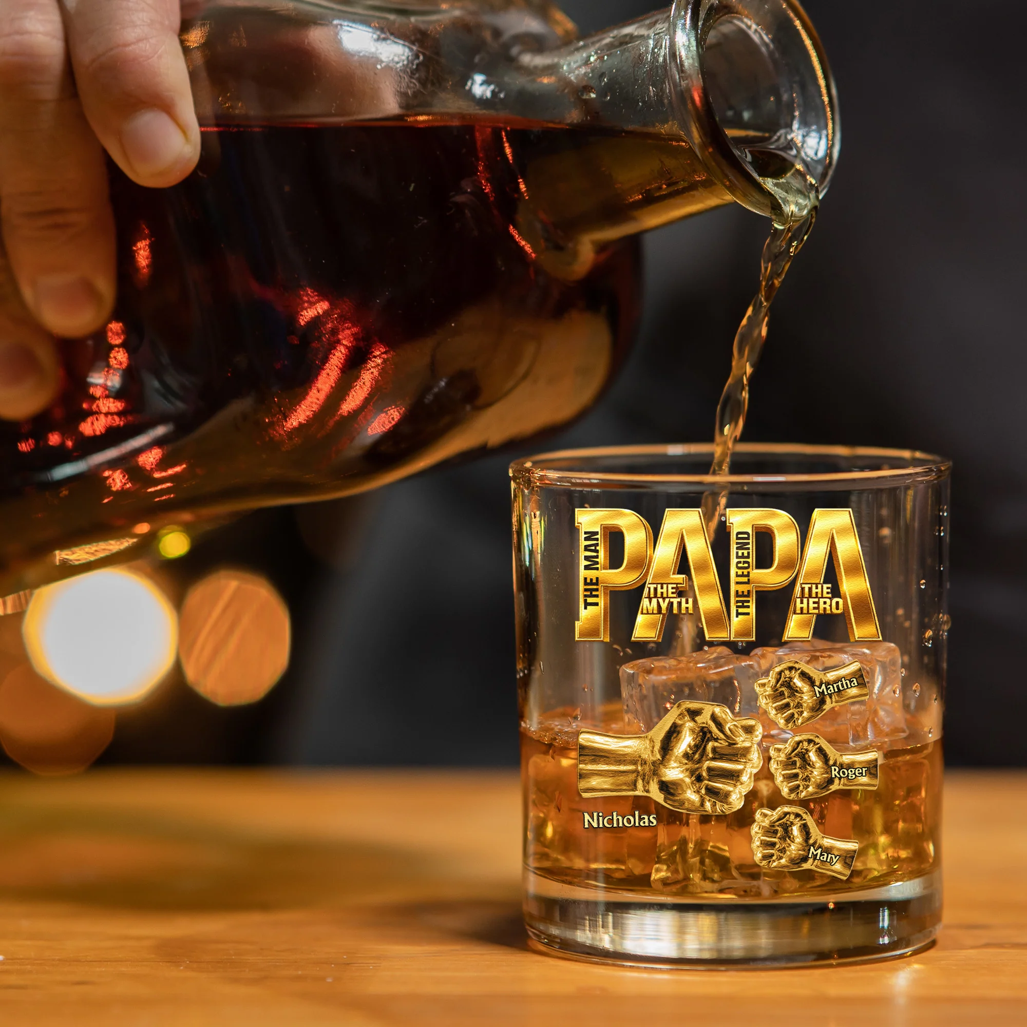 Papa The Man The Myth The Legend - Fist Bumps With Kids' Names - Personalized Whiskey Glass - Image 3