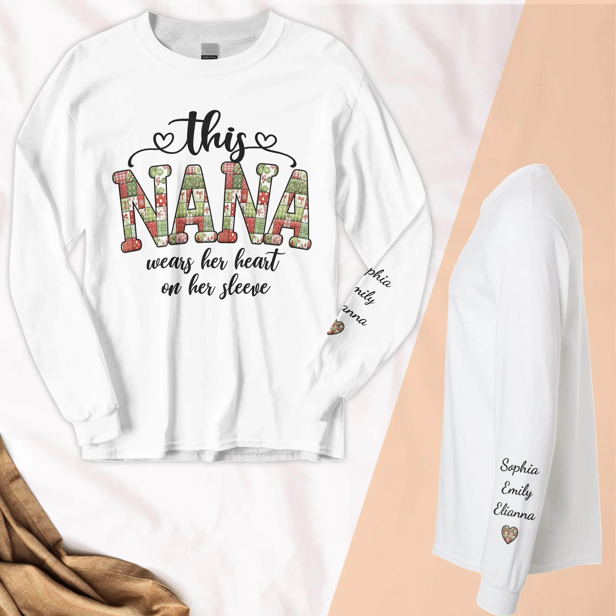 Patchwork Style This Grandma Wears Her Heart - Custom Long Sleeve T-Shirt