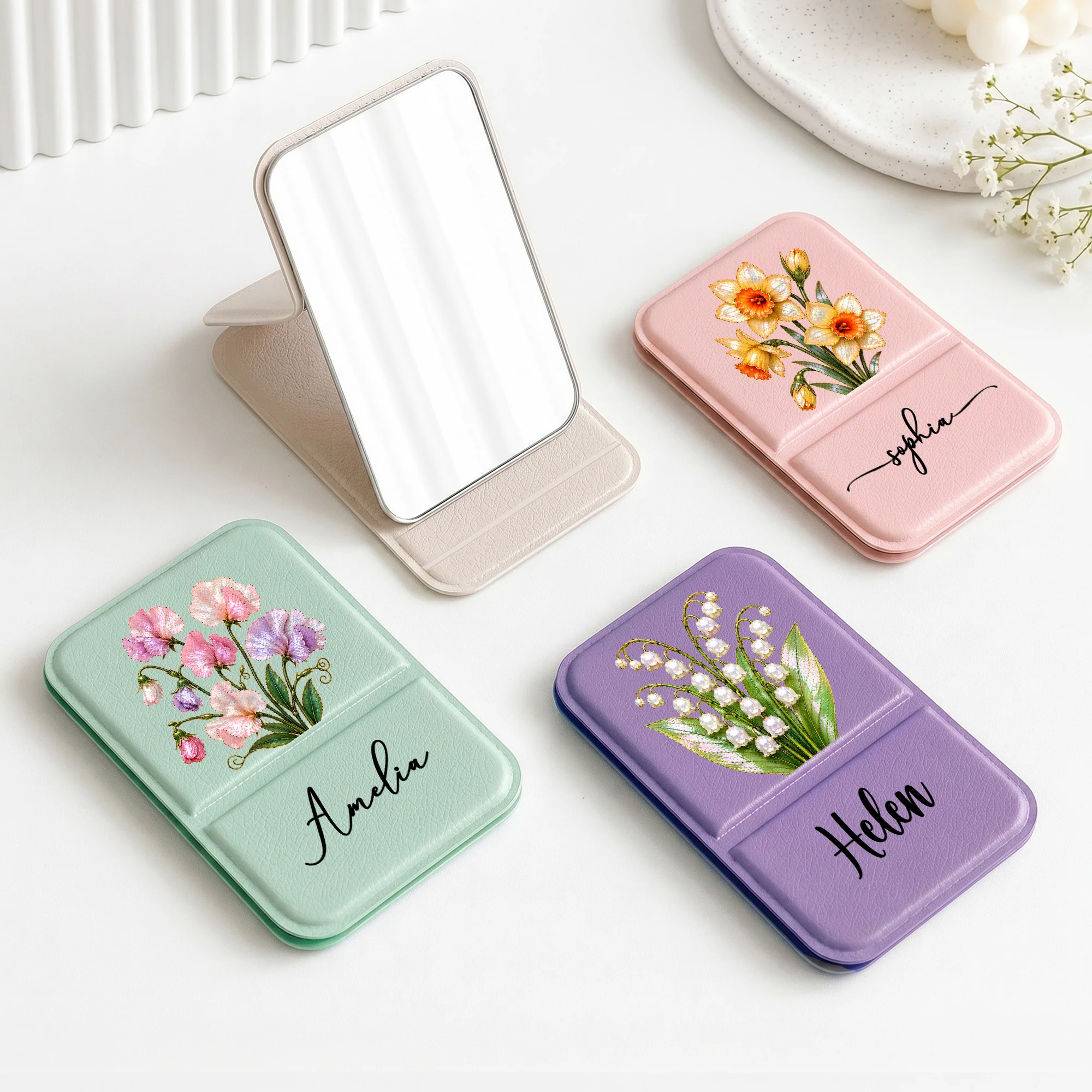 Personalized Birth Month Flower Art Mother Of Pearl Style - Personalized Mirror