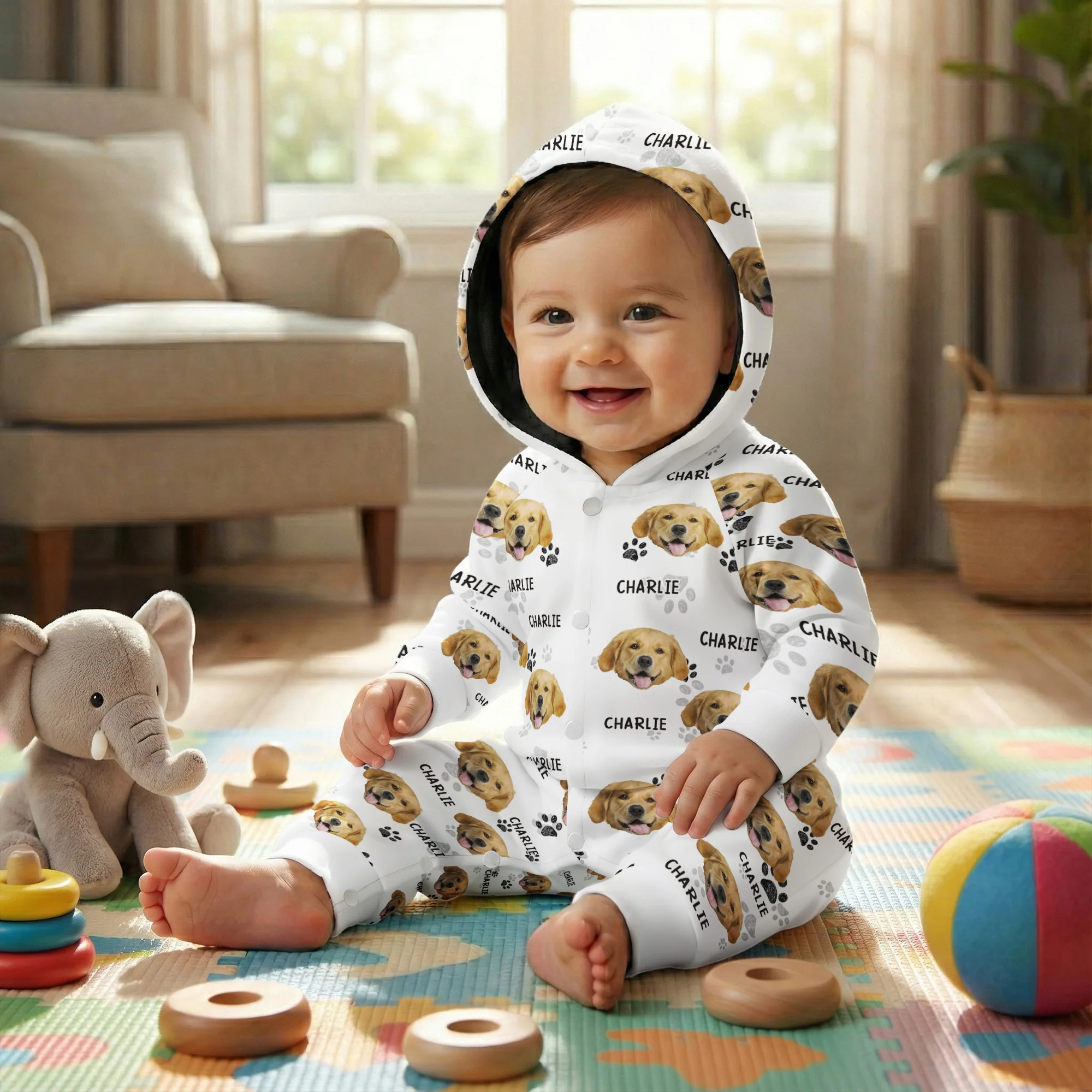 Pet Pattern - Personalized Photo Hooded Jumpsuit - Image 6