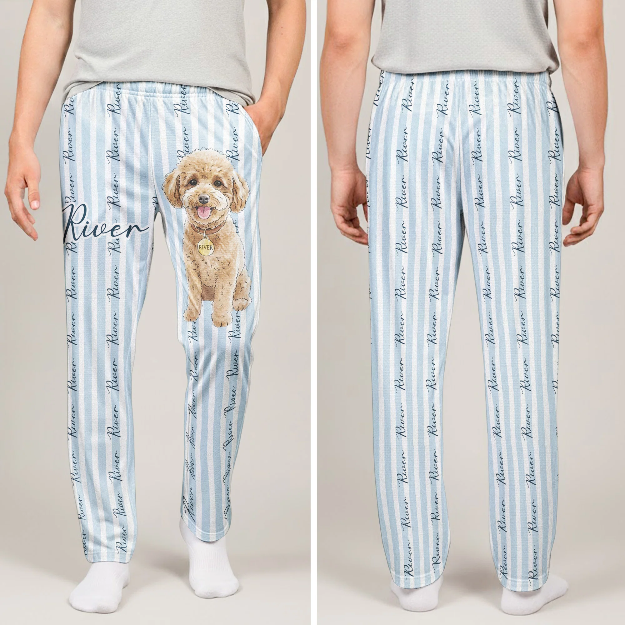 Pet Portrait Watecolor Striped Pattern - Personalized Lounge Pants - Image 5