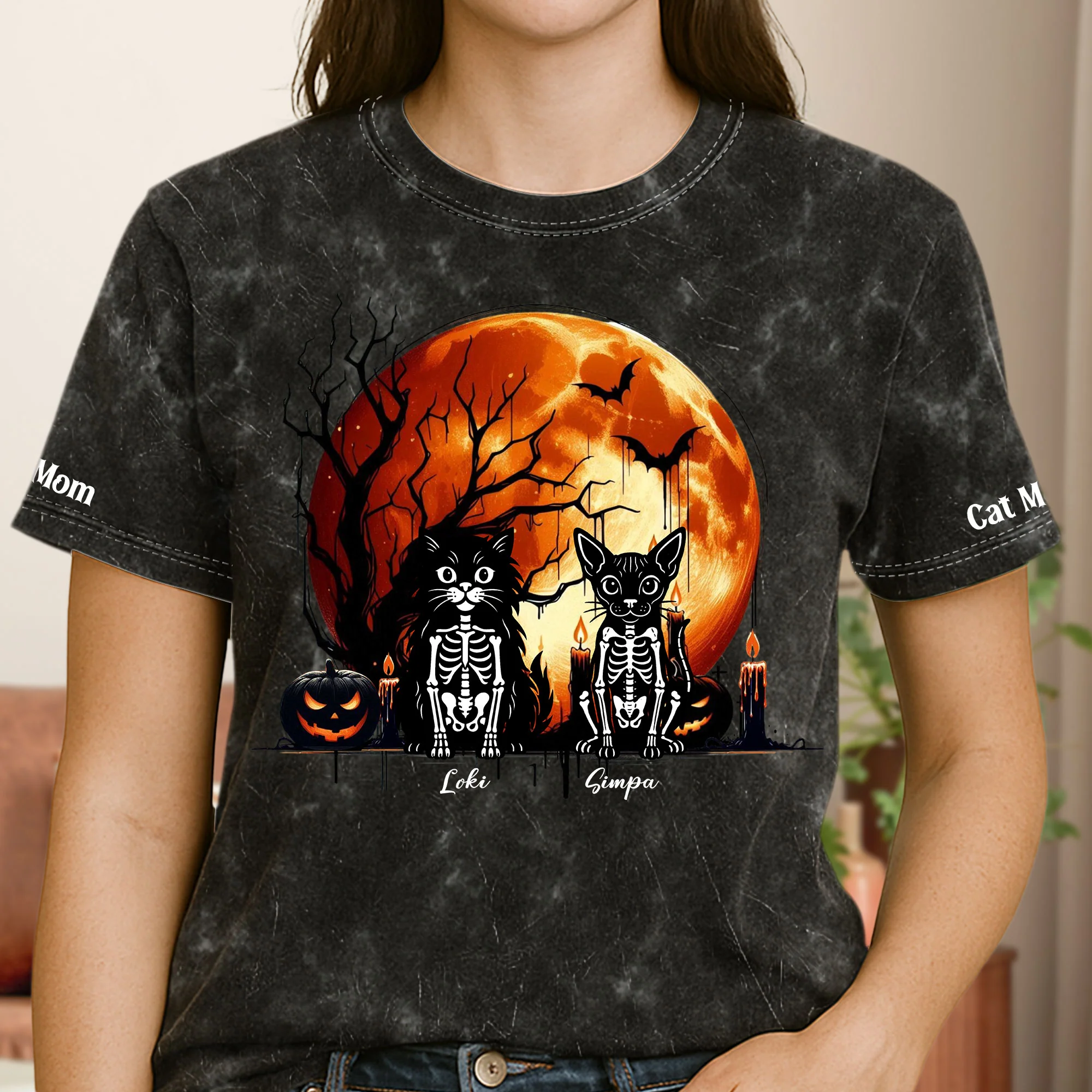 Pet Skeleton Halloween Moon - Personalized Acid Wash T‑Shirt - Image 3