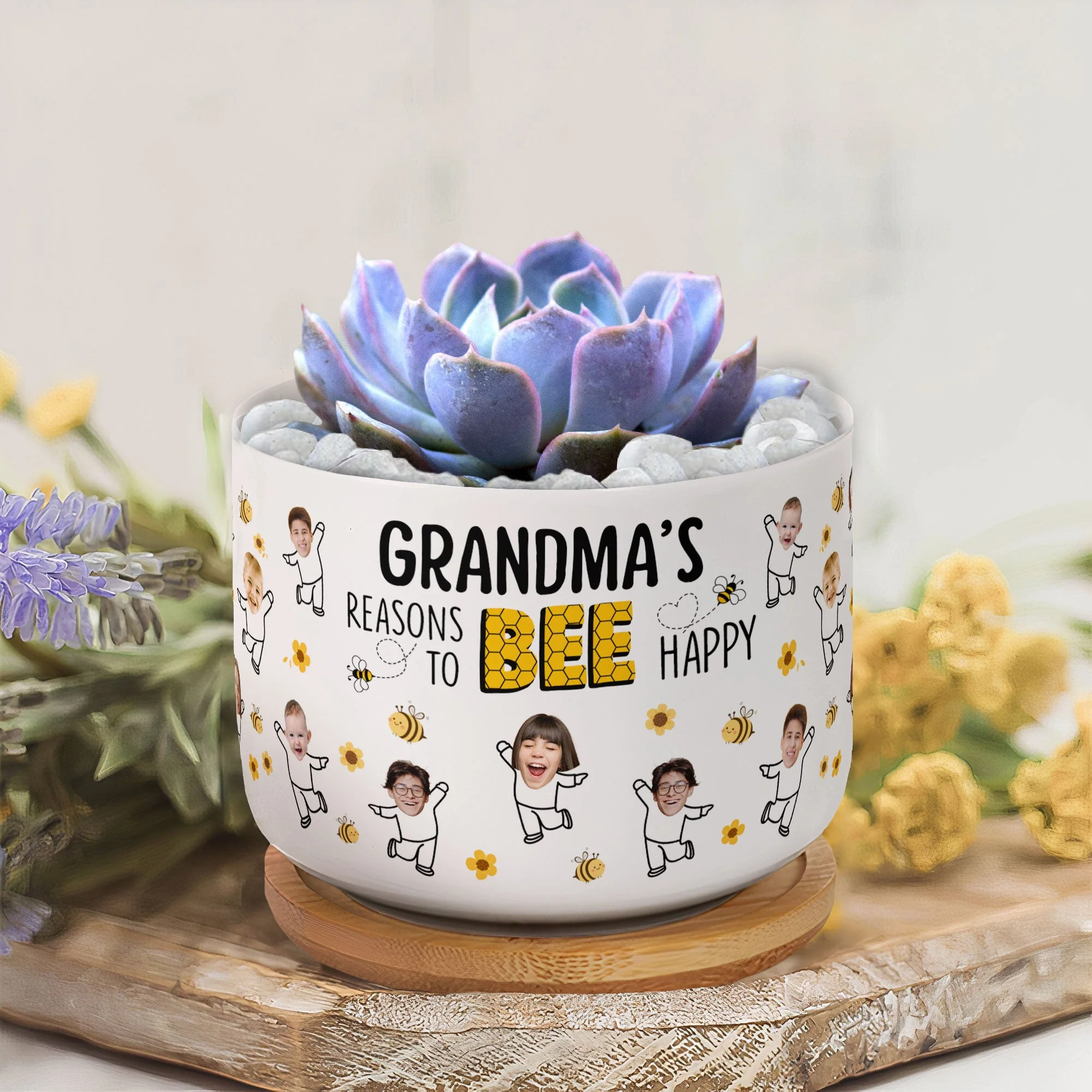 Grandma's Reasons To Bee Happy Custom Kids' Face - Personalized Photo Ceramic Plant Pot With Tray - Image 5