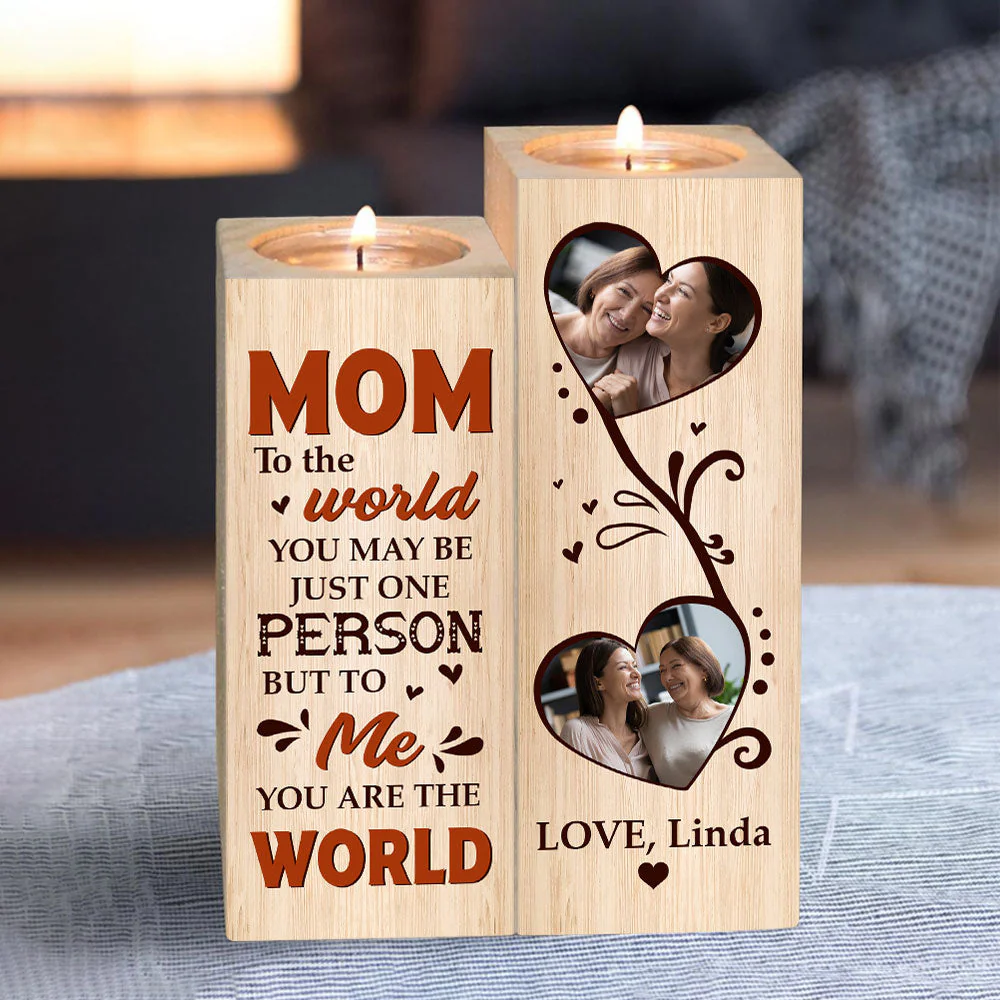 You Are The World To Me - Personalized Photo Wood Candle Holder - Loving, Birthday Gift For Mom, Mother - Image 6