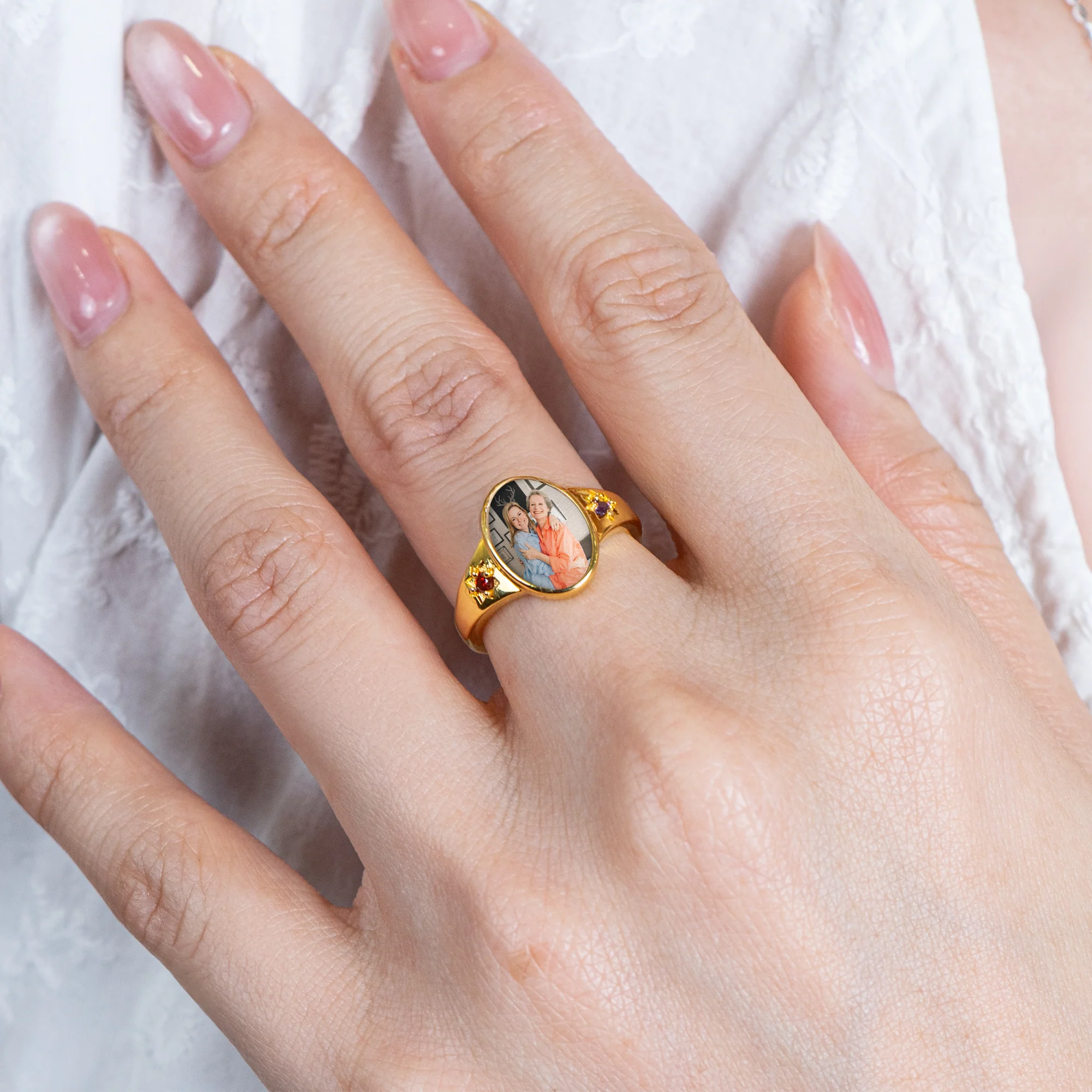 Photo Ring With 2 Birthstones Mother's Day Gift For Mom - Personalized Ring - Image 4