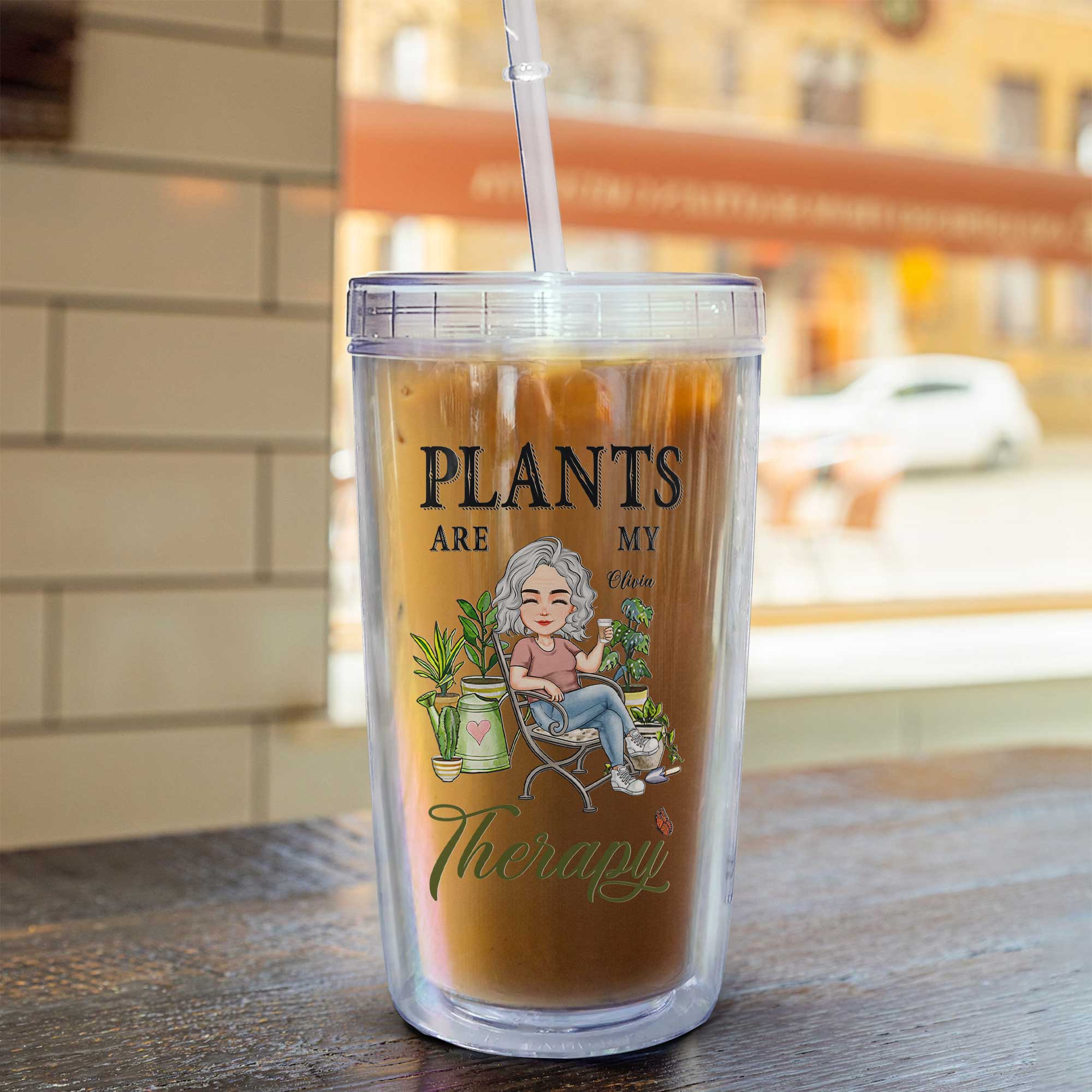 Plants Are My Therapy - Personalized Acrylic Tumbler With Straw - Image 5