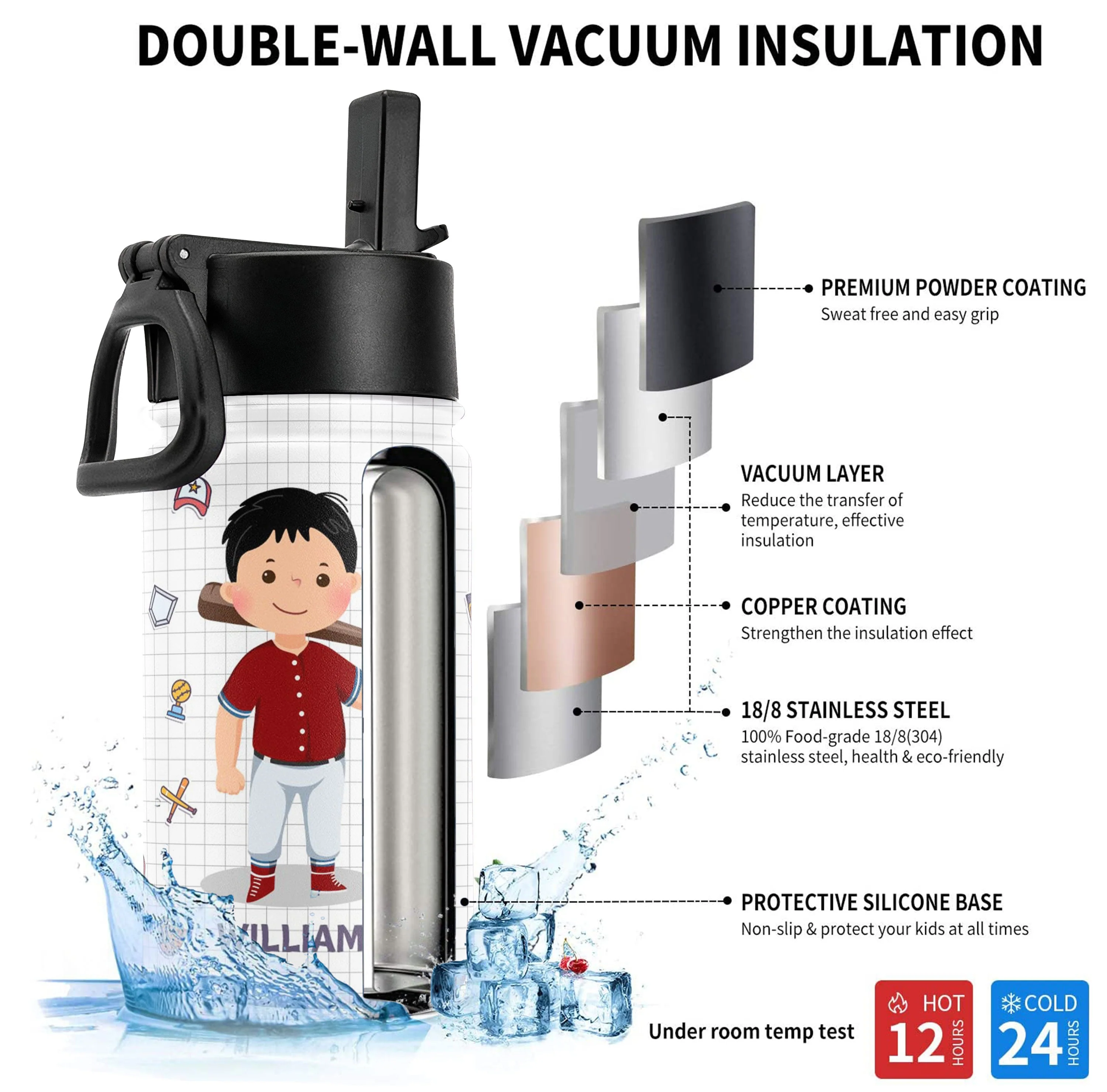 Play Baseball Hard Or Go Home - Personalized Kids Water Bottle With Straw Lid - Image 3
