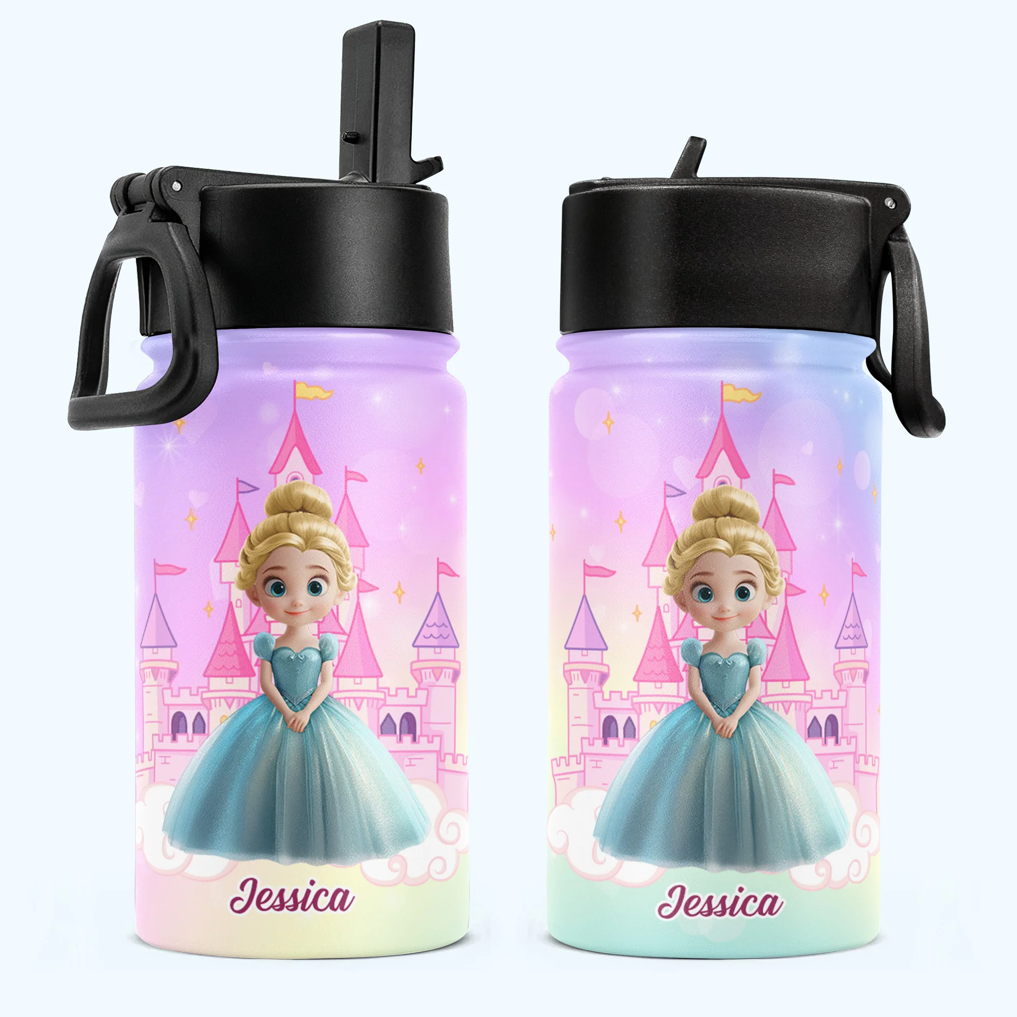 Princess Castle Cartoon Gift For Her - Personalized Kids Water Bottle With Straw Lid - Image 2