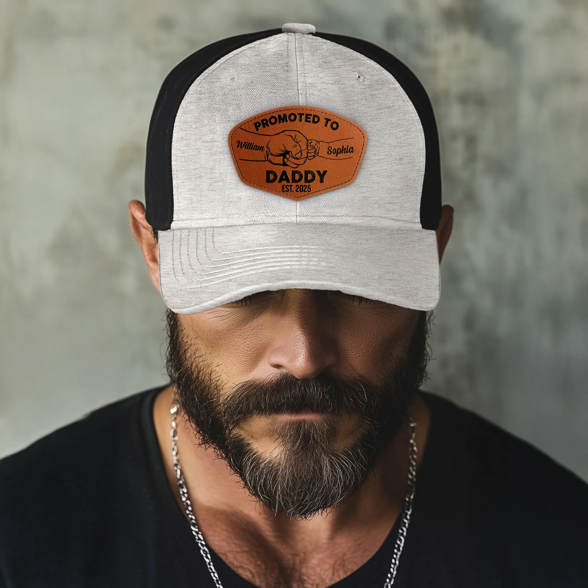 Promoted To Dad, Papa, Mom, Grandma - 1st Father's Day - Personalized Leather Patch Hat - Image 4