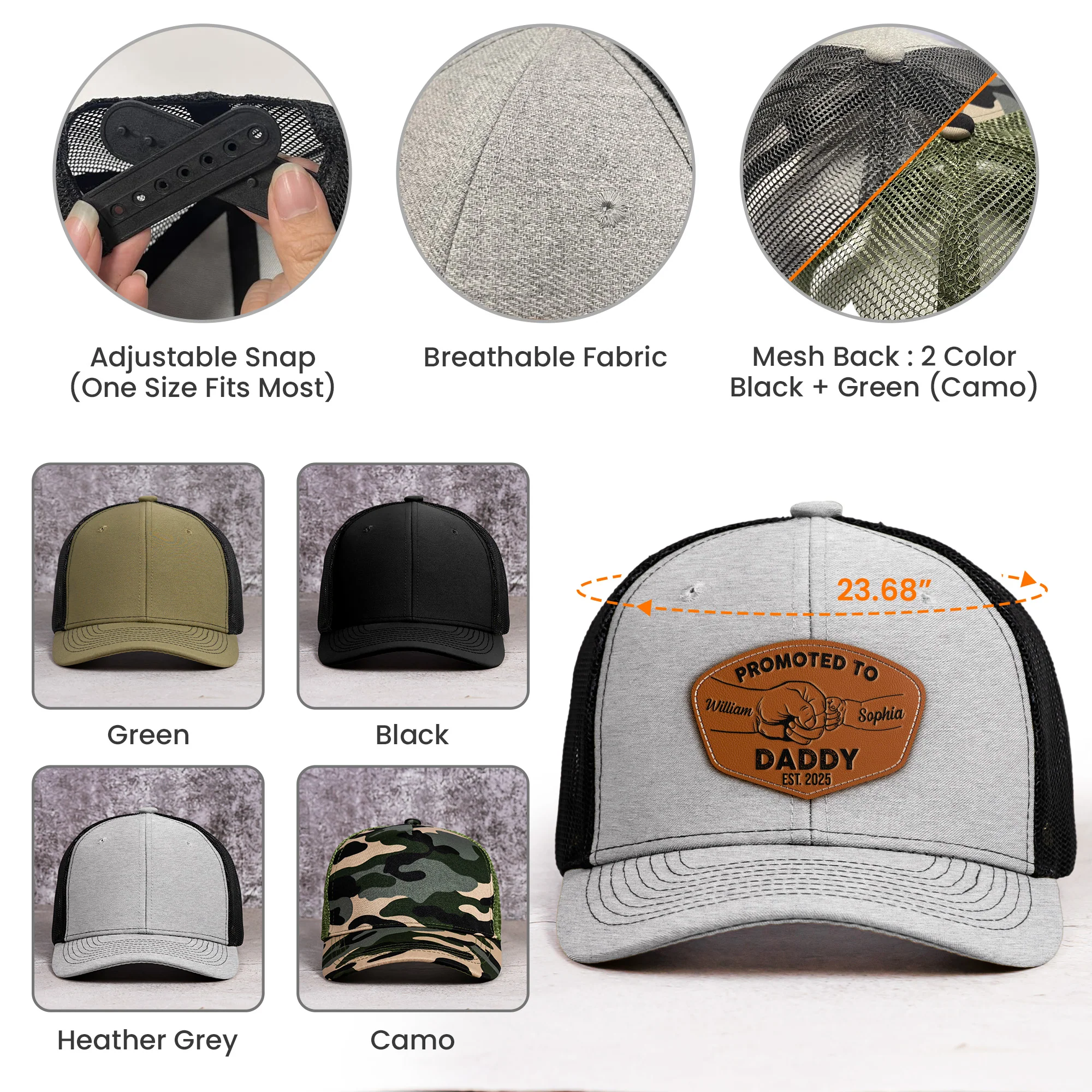 Promoted To Dad, Papa, Mom, Grandma - 1st Father's Day - Personalized Leather Patch Hat - Image 5