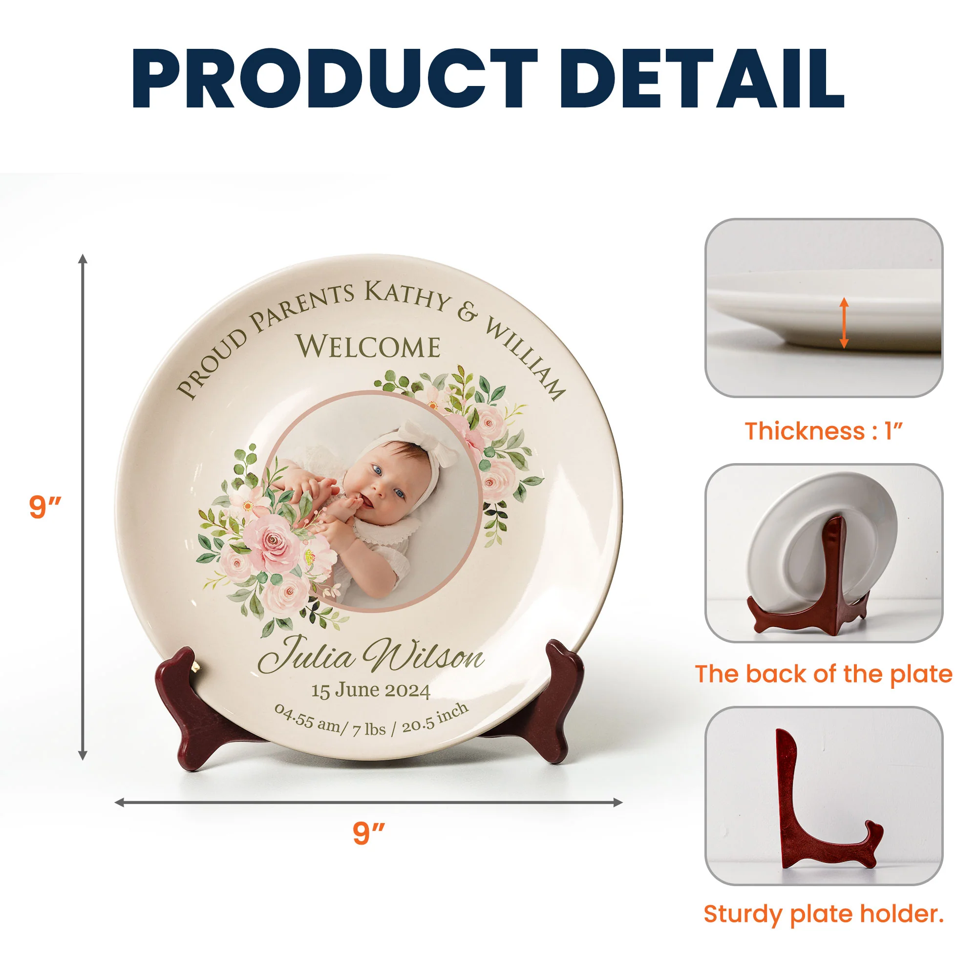 Proud Parents Newborn Baby Birth Plate - Personalized Photo Ceramic Plate - Image 6