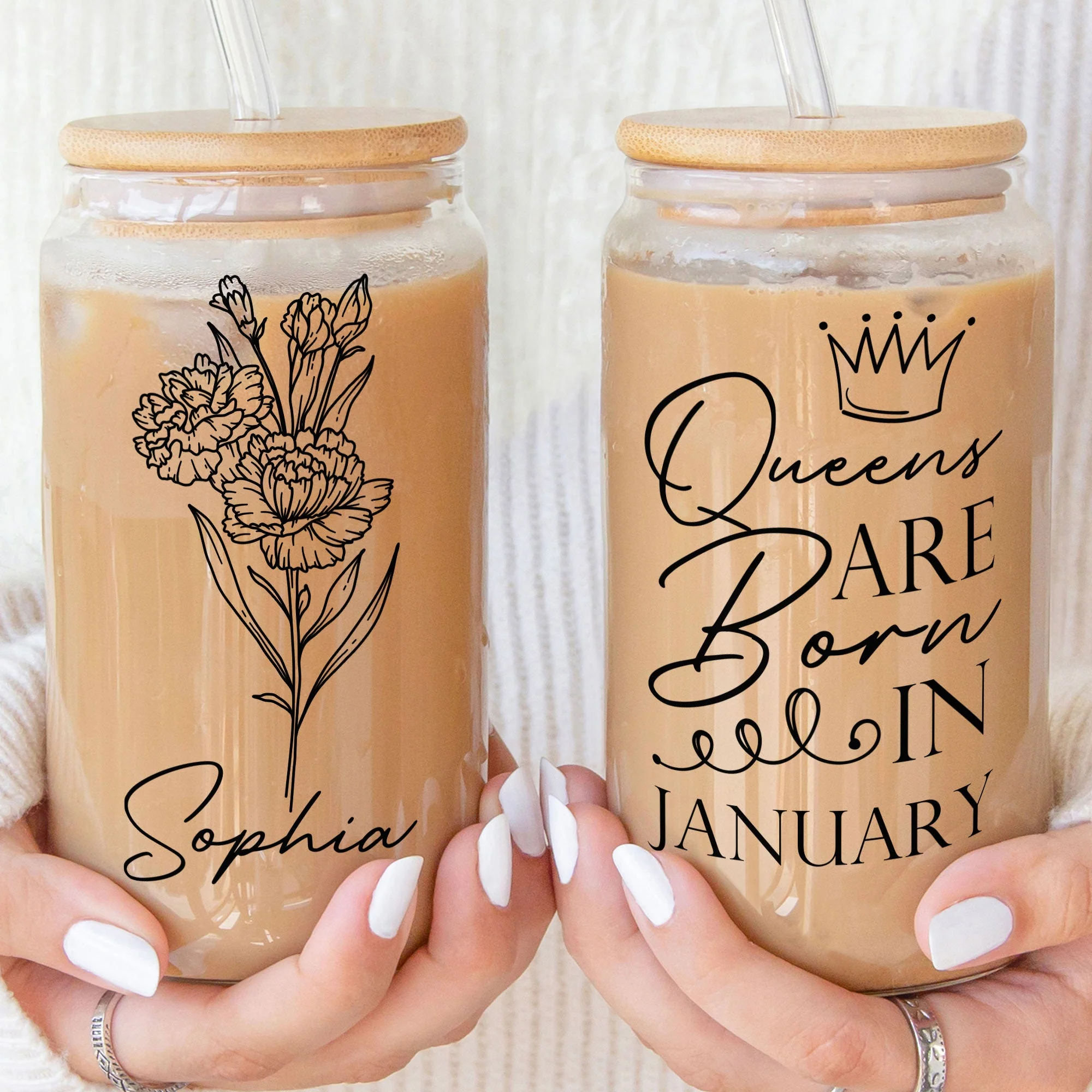Queens Are Born Custom Month Birthflower Birthday Gifts - Personalized Clear Glass Cup - Image 3