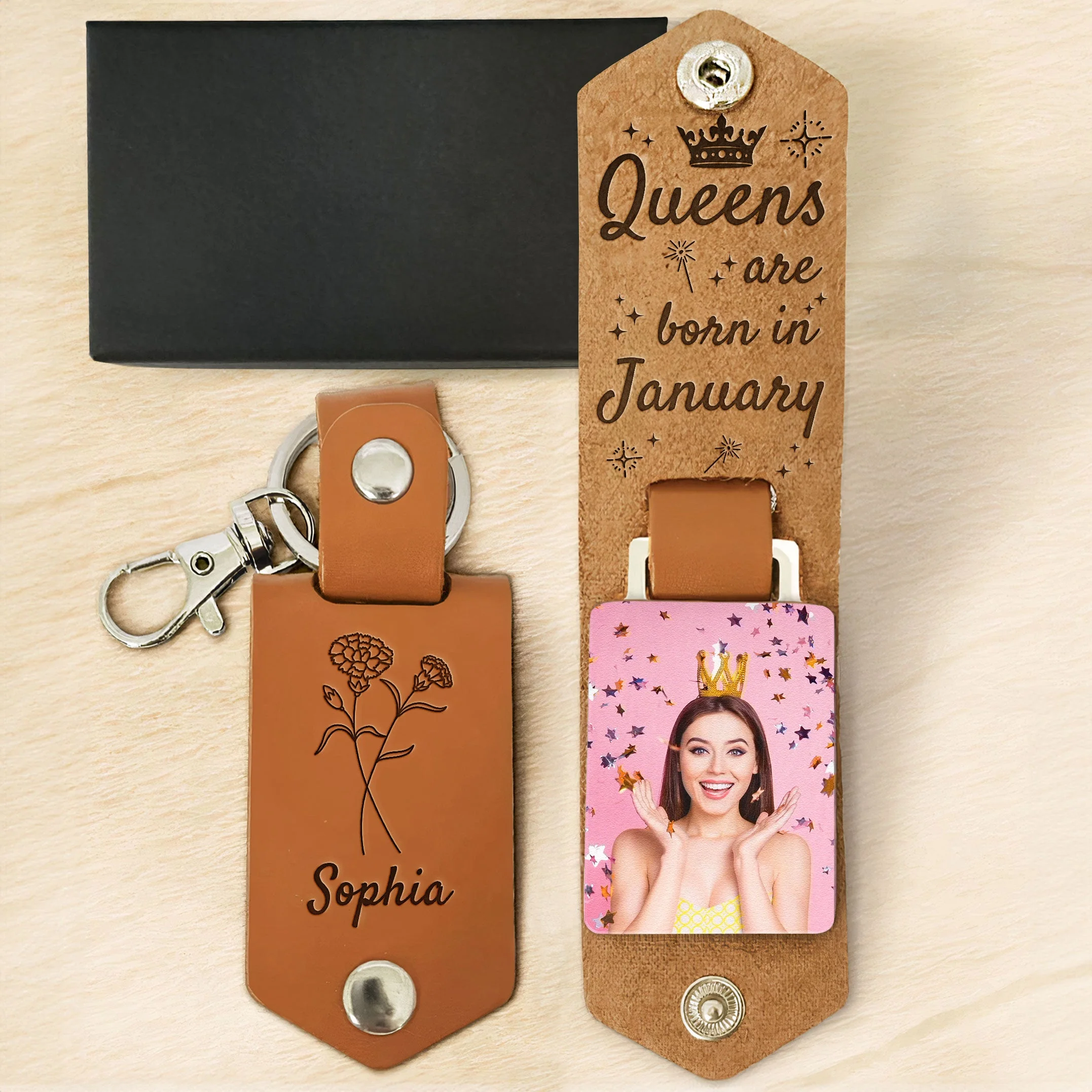 Queens Are Born Month Custom Birthflower - Personalized Leather Photo Keychain - Image 5