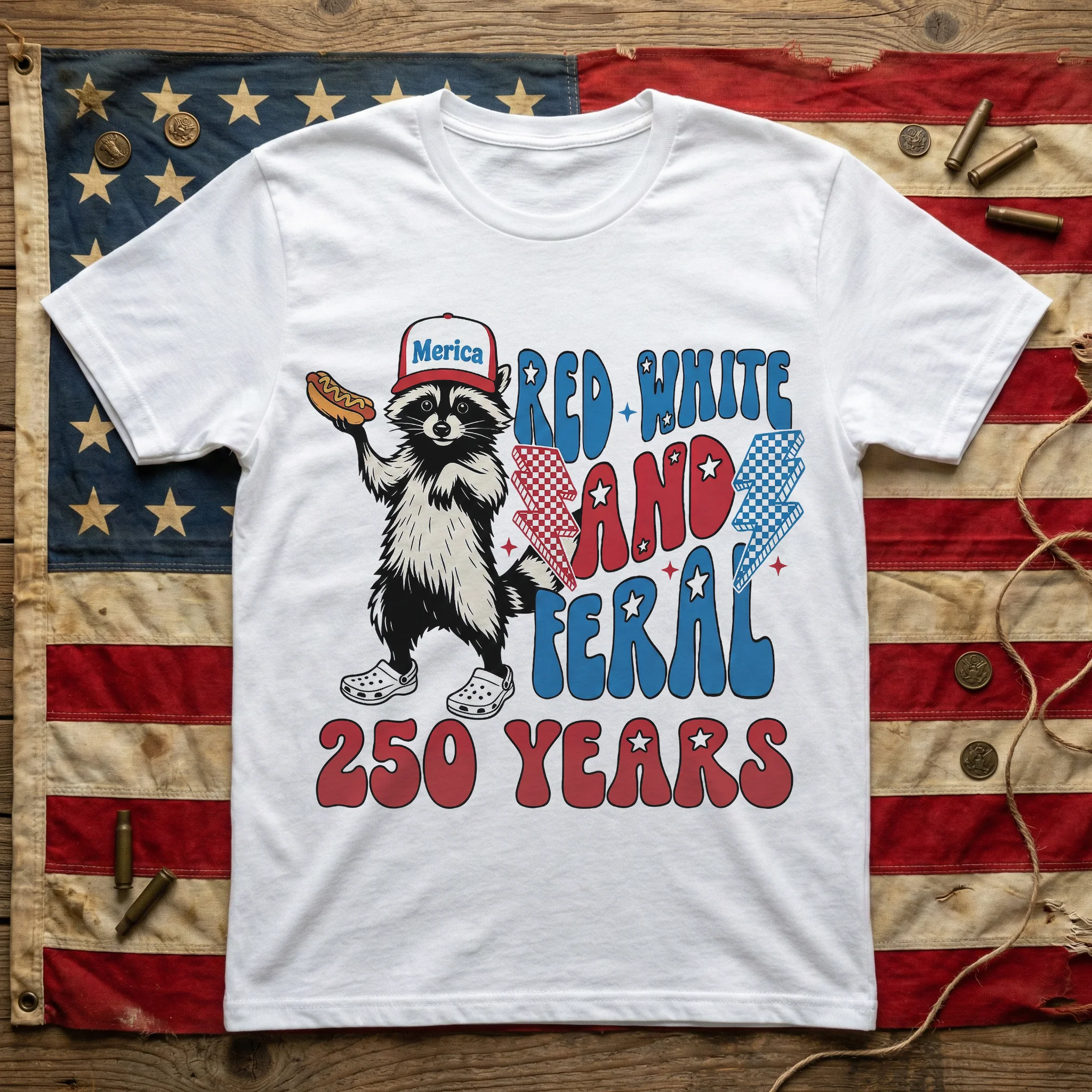 Raccoon Red White & Feral 250 Years - Shirt - Image 2