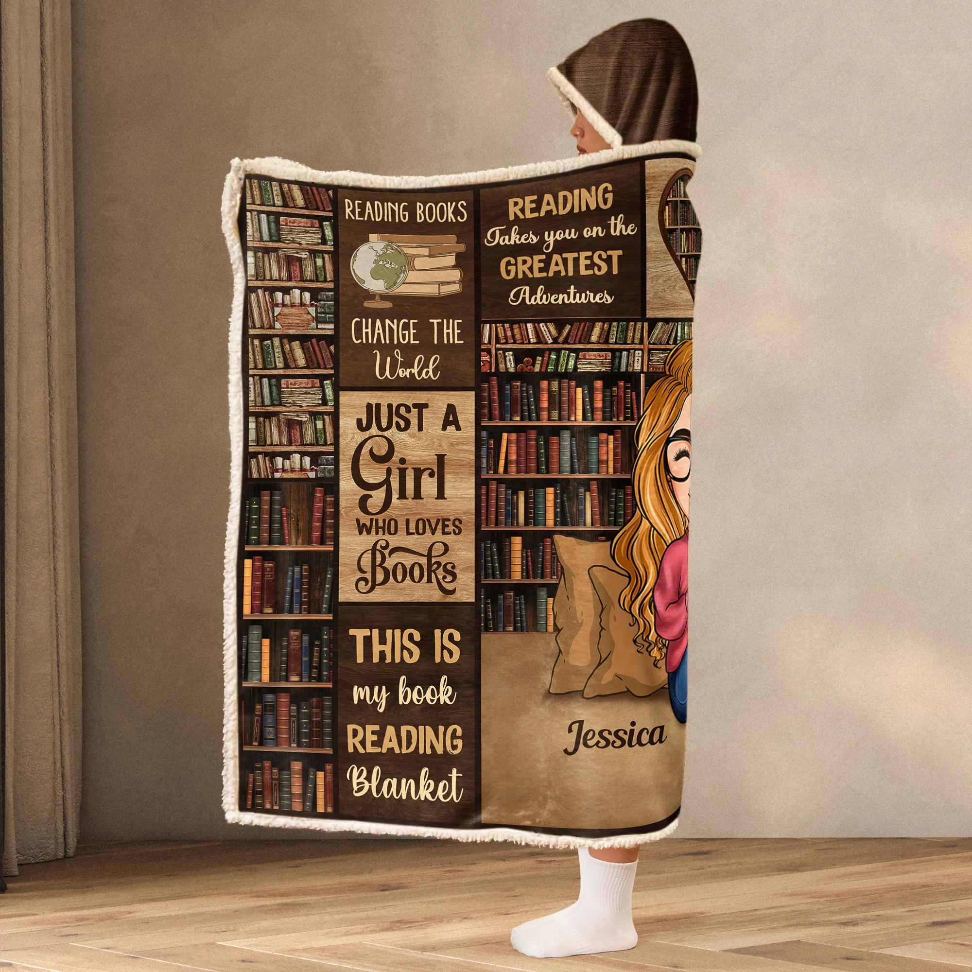 Reading Blanket Just A Girl Who Loves Books - Personalized Wearable Blanket Hoodie - Gift For Daughter - Image 3