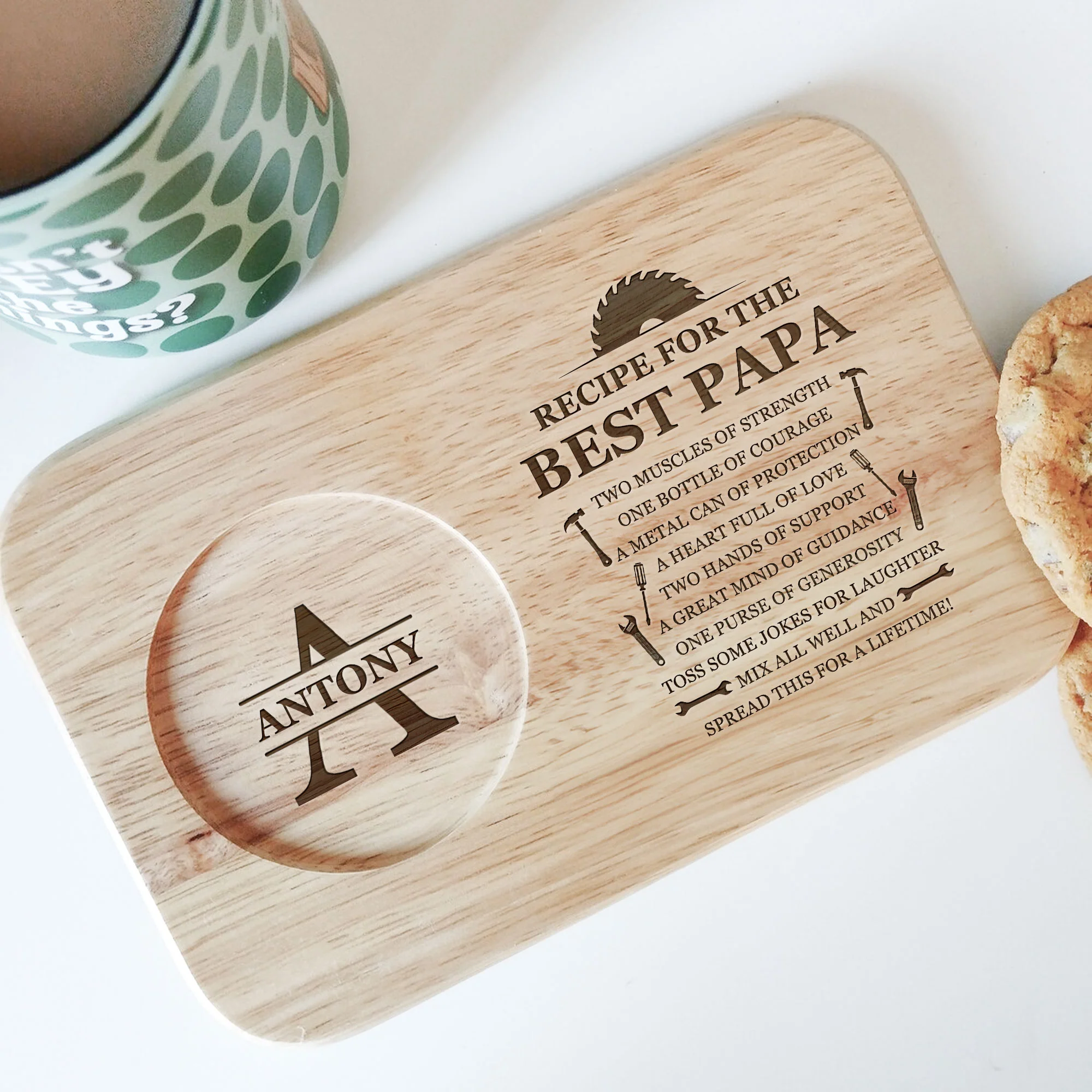Recipe For The Best Papa - Custom Engraved Wooden Tea & Biscuit Board - Image 3