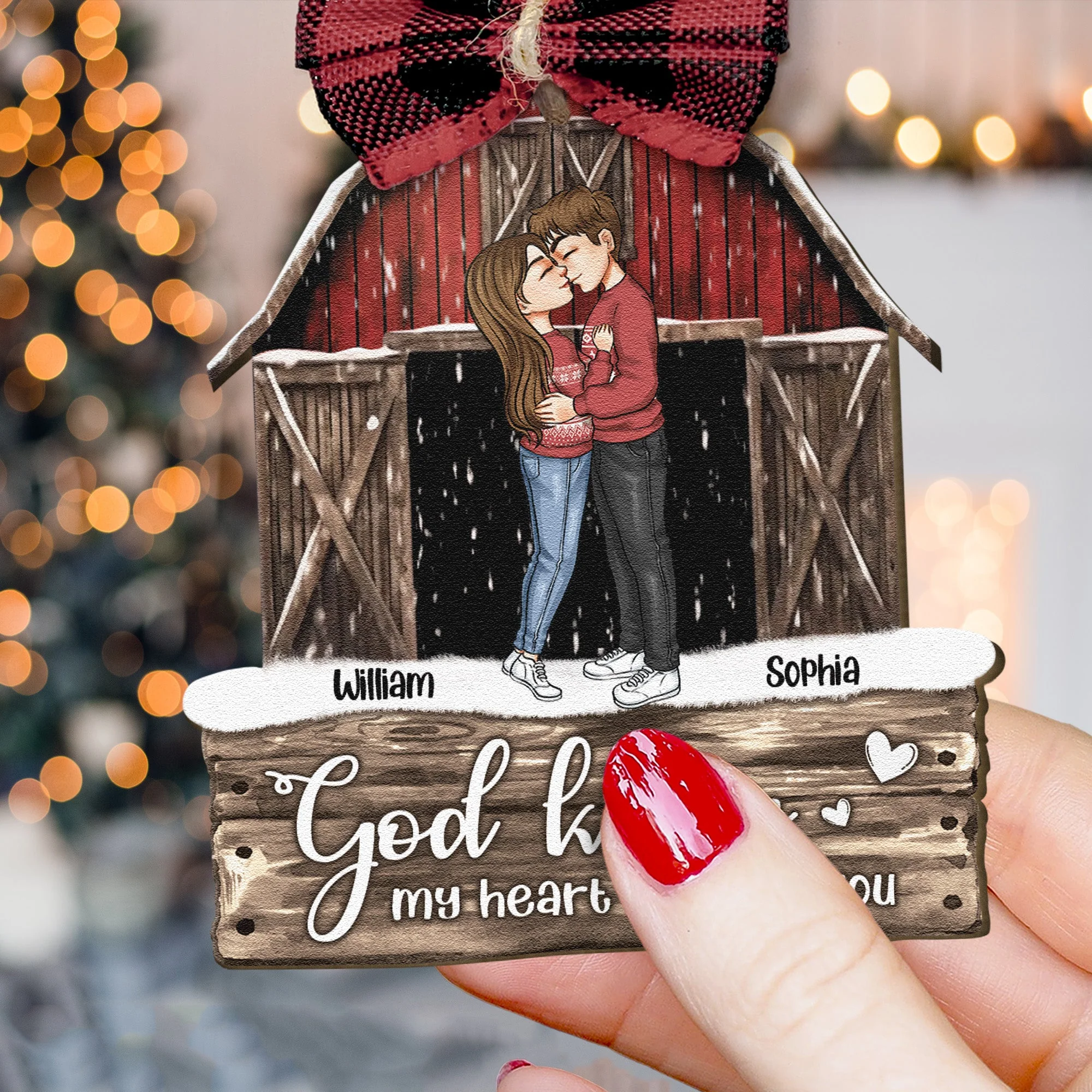 Red Barn Christmas Couples Anniversary - Personalized Couple Ornament - Vintage Ornament - Image 4