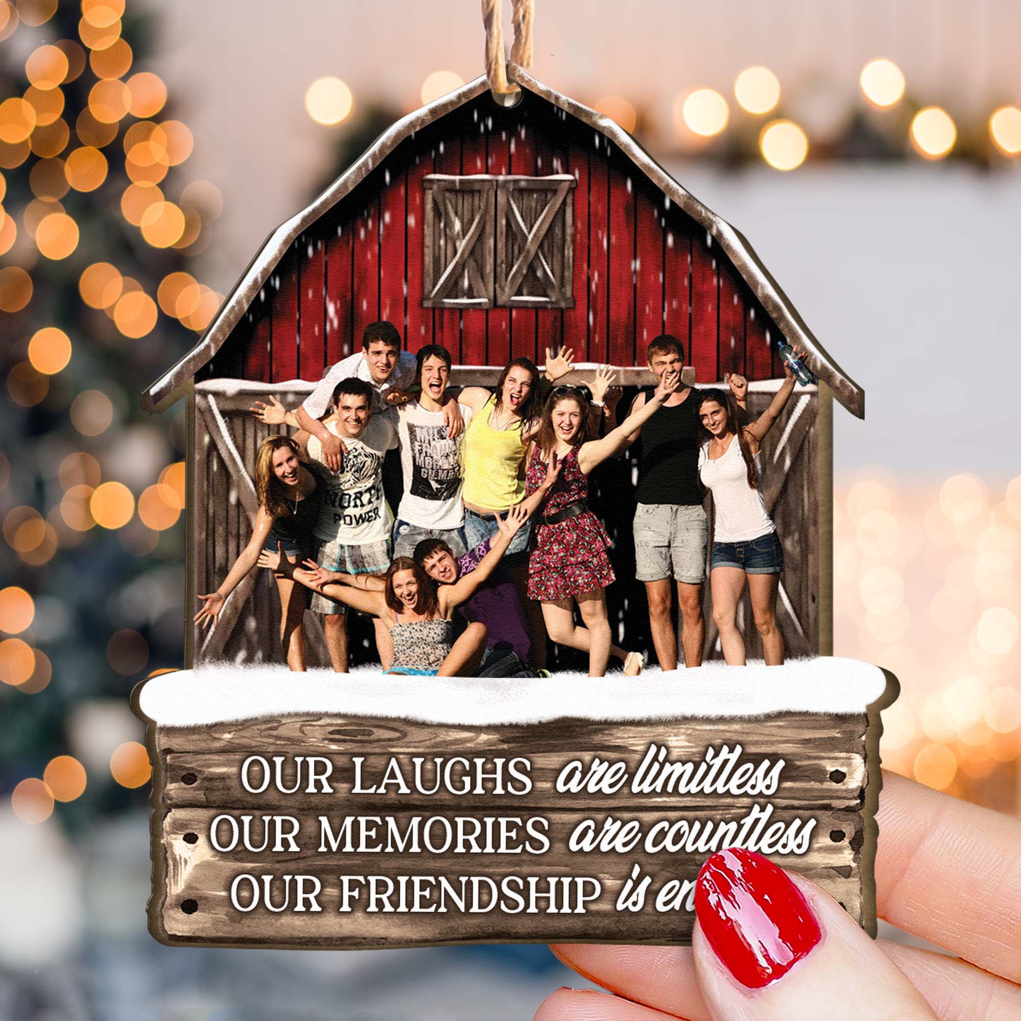 Red Barn Friendship Our Laughs Are Limitless - Personalized Wooden Photo Ornament - Vintage Ornament - Image 4