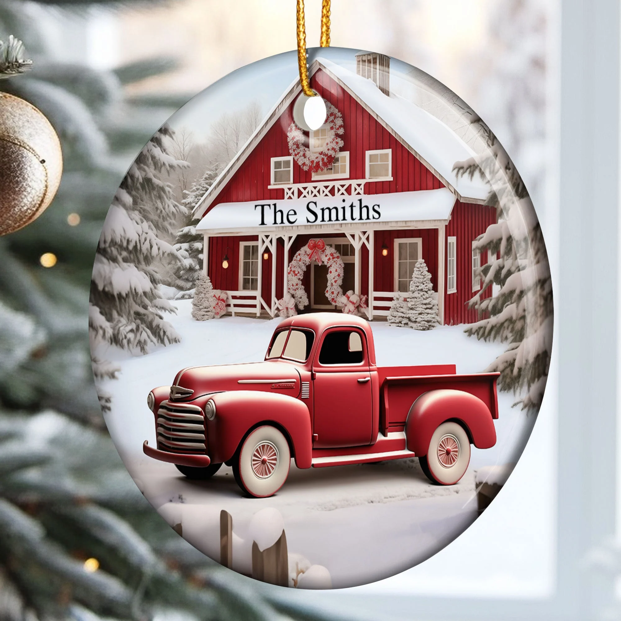 Red Barn, Red Truck Christmas - Personalized Ceramic Ornament - Image 2