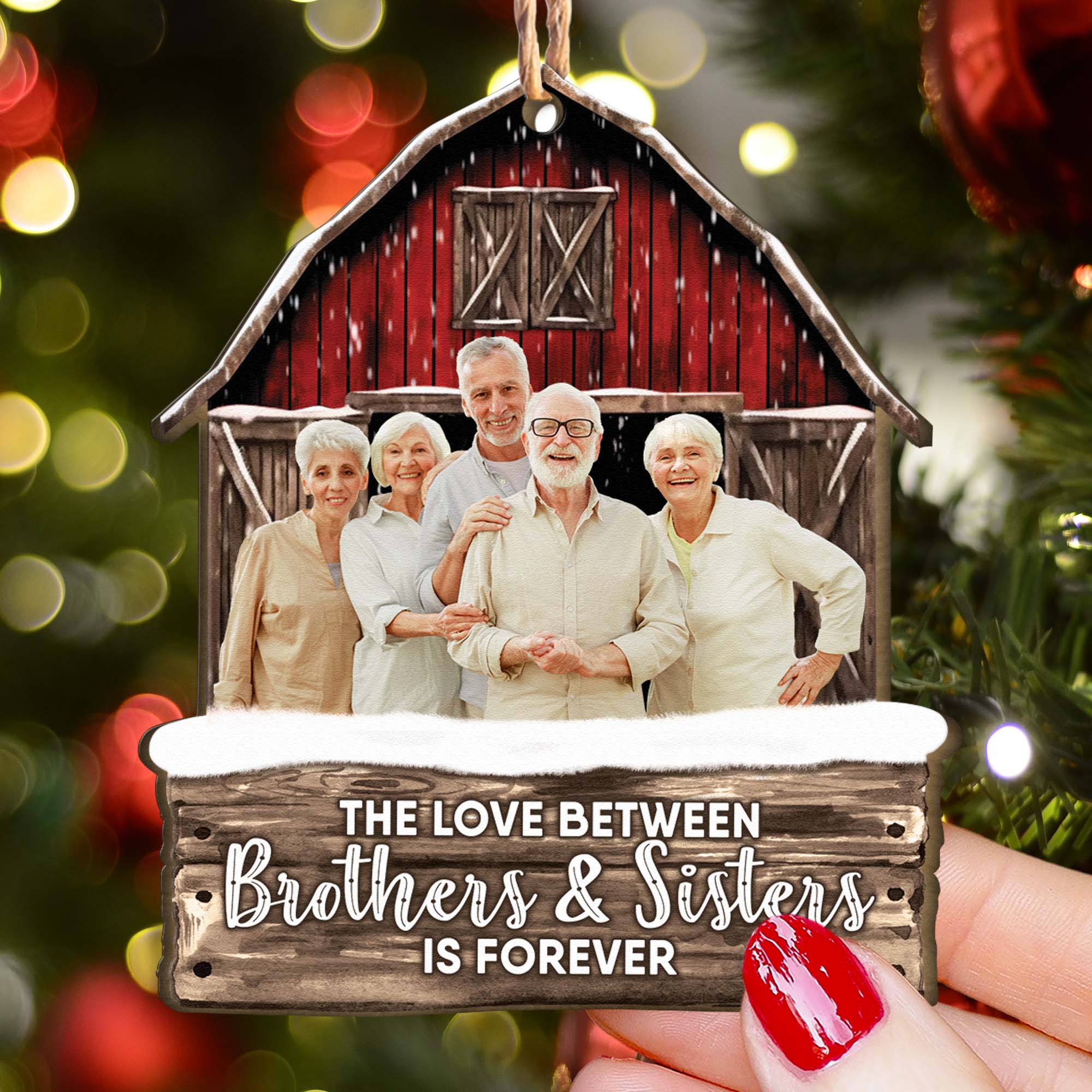 Red Barn The Love Between Brothers & Sisters Is Forever - Personalized Wooden Photo Ornament - Vintage Ornament - Image 5