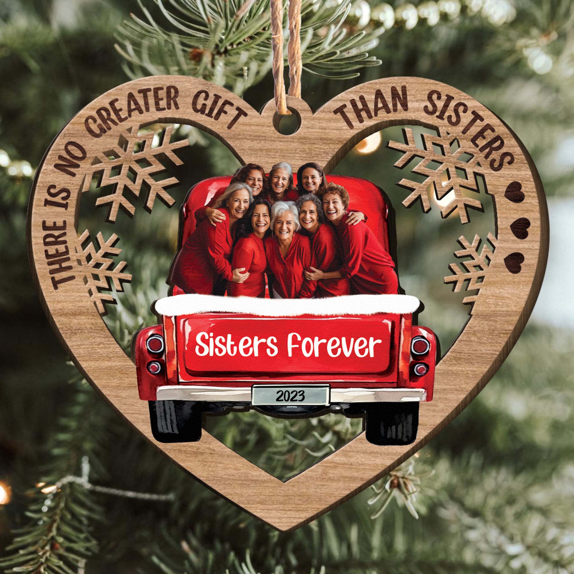 Red Truck Christmas Brothers & Sisters Sibling Forever - Personalized Wooden Photo Ornament - Image 2