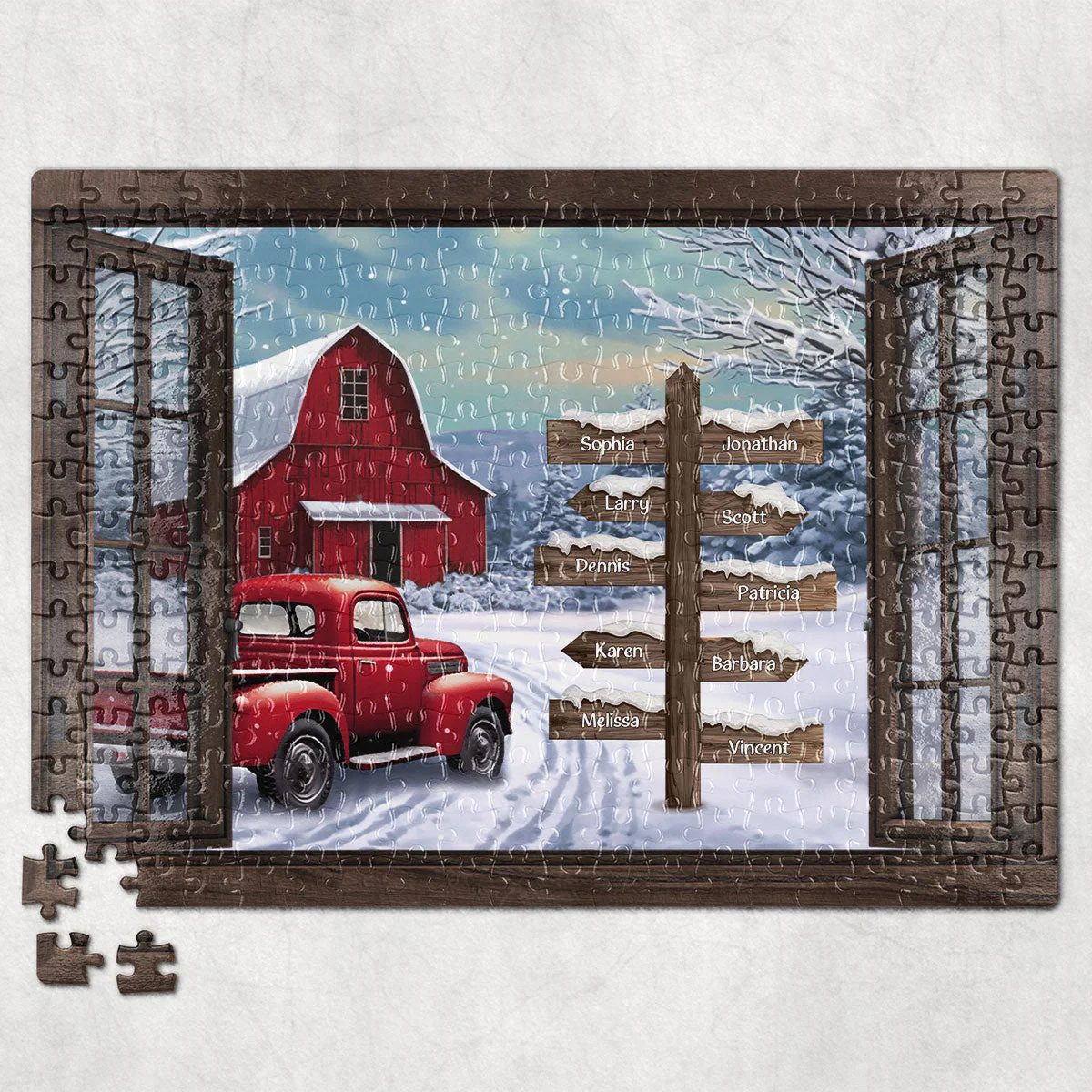 Red Truck Farmhouse Christmas Family Custom Photo - Personalized Photo Jigsaw Puzzle - Image 2