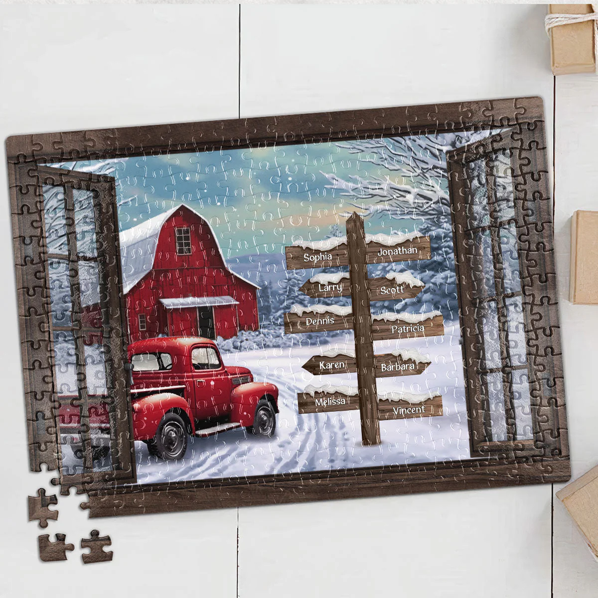 Red Truck Farmhouse Christmas Family Custom Photo - Personalized Photo Jigsaw Puzzle - Image 4