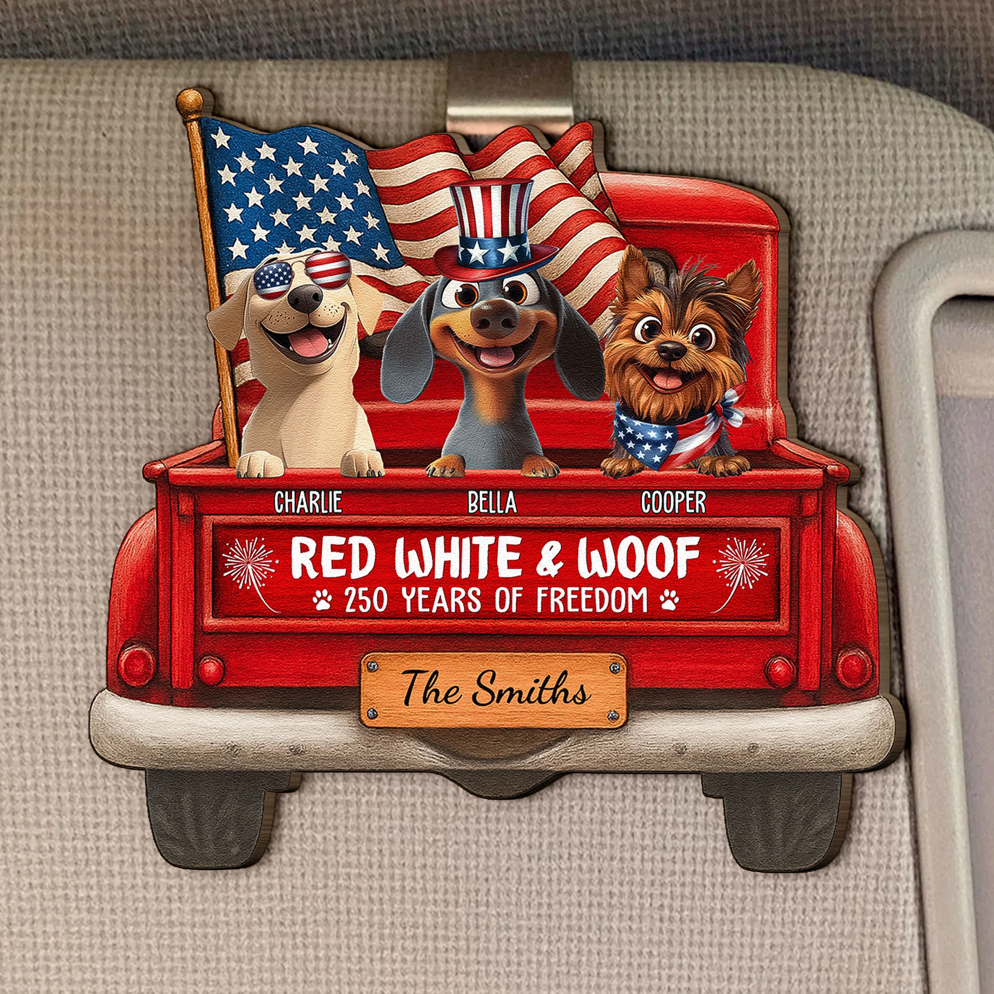 Red White And Woof - Personalized Wooden Car Visor Clip - Image 2