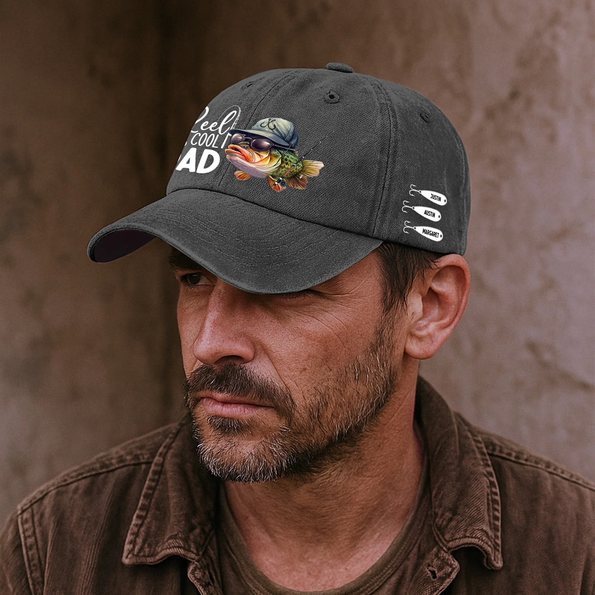 Reel Cool Dad, Grandpa, Papa - Custom Kids' Names - Personalized Distressed Denim Cap - Image 4