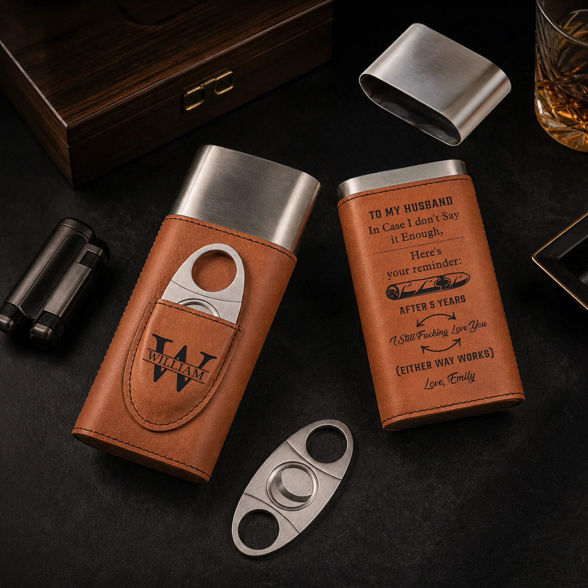 Reminder For Him - Anniversary Gifts For Him, Travel Leather Case With Cutter - Personalized Cigar Case