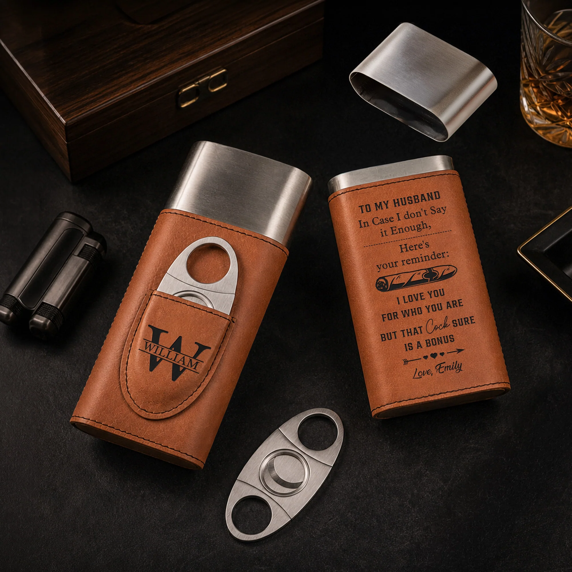 Reminder For Him - Anniversary Gifts For Him, Travel Leather Case With Cutter - Personalized Cigar Case - Image 2