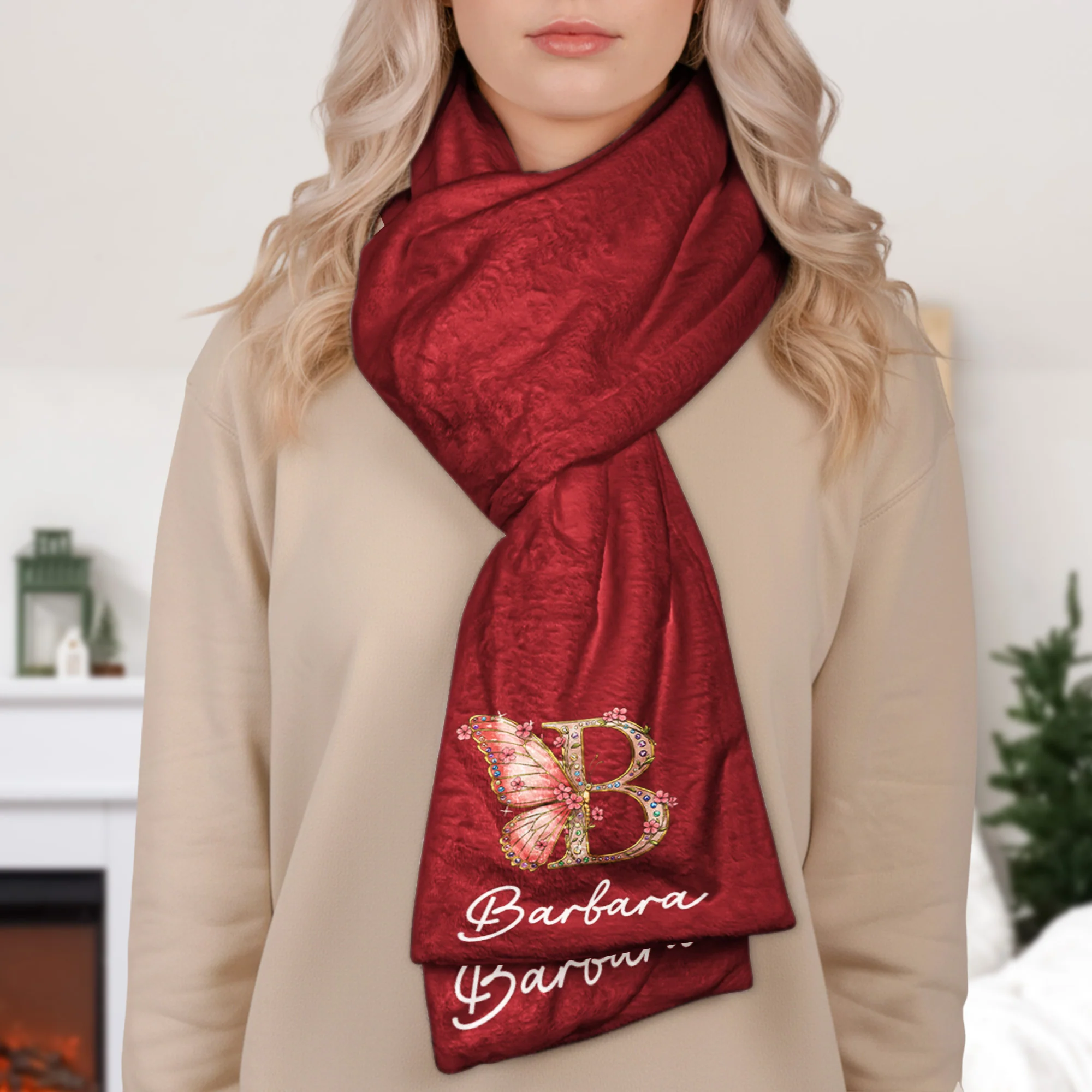 Retro Floral Initial For Her, Daughter, Friends, Mom, Grandma - Personalized Fleece Scarf - Image 4