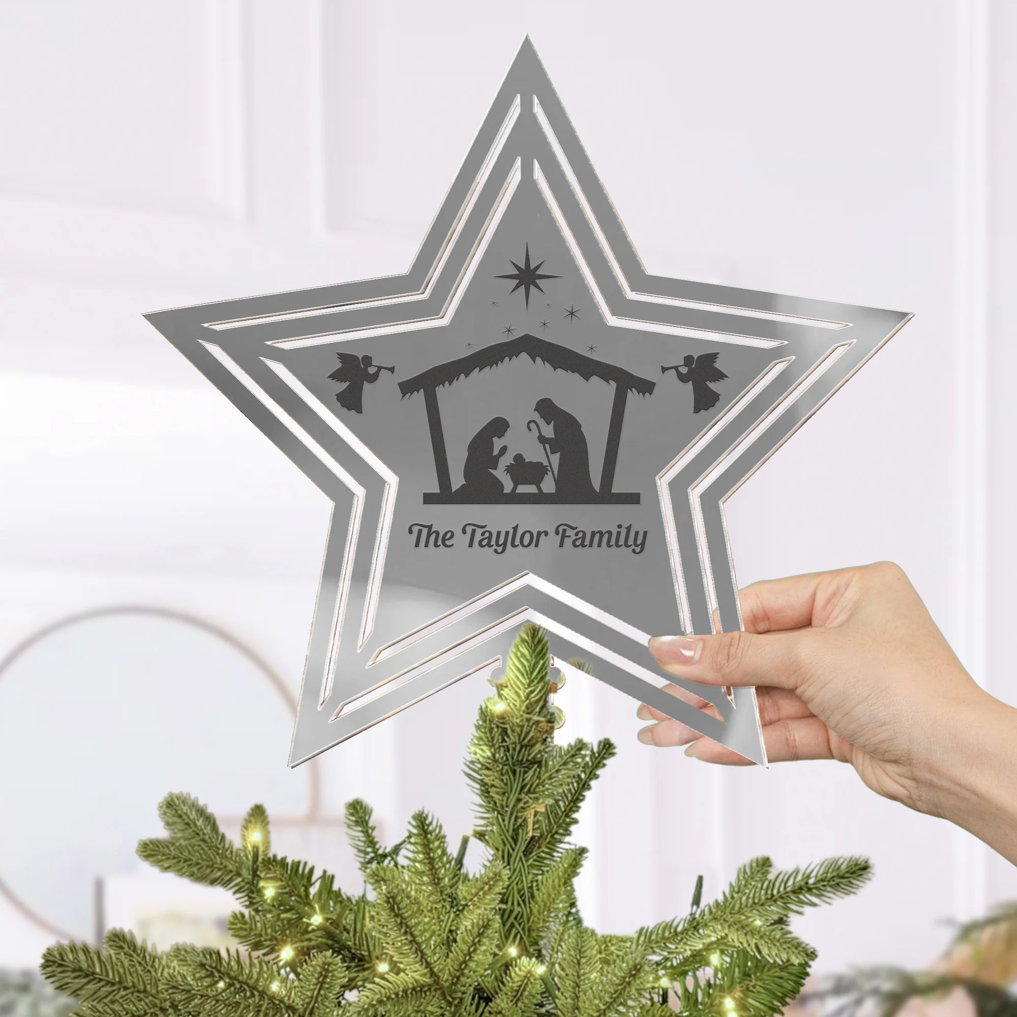 Rustic Nativity Scene With Cross-Shaped Christmas - Personalized Christmas Tree Topper - Image 2
