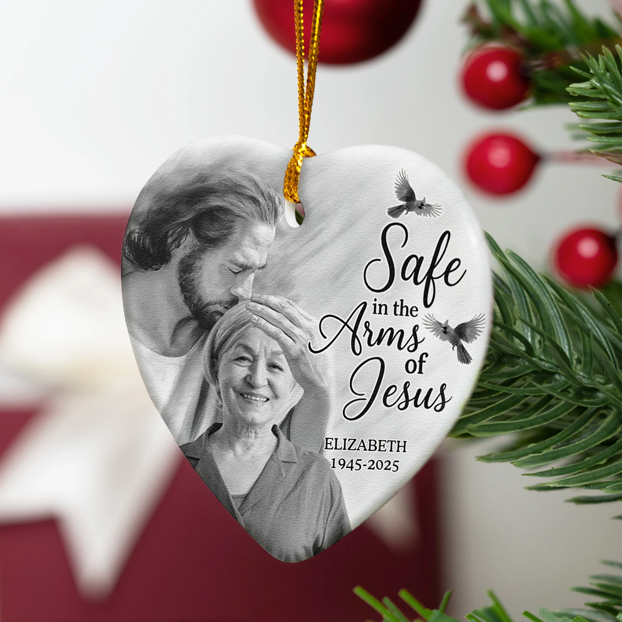 Safe In The Arm Of Jesus - Personalized Ceramic Photo Ornament - Image 5