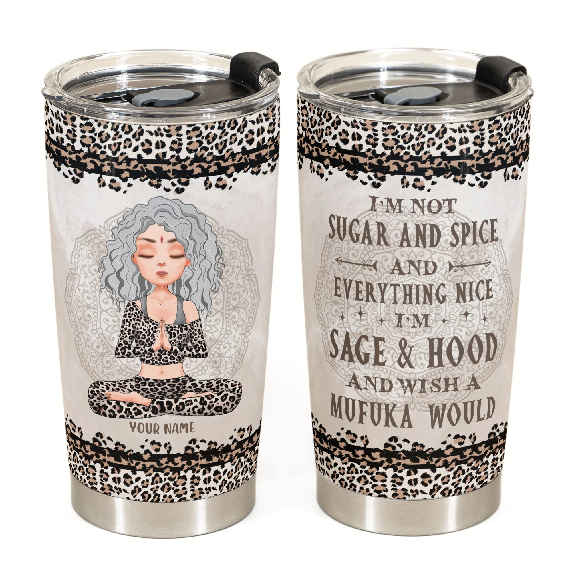 Sage & Hood - Personalized Tumbler Cup - Birthday Gift For Yoga Lover - Leopard Pattern Design - Image 2