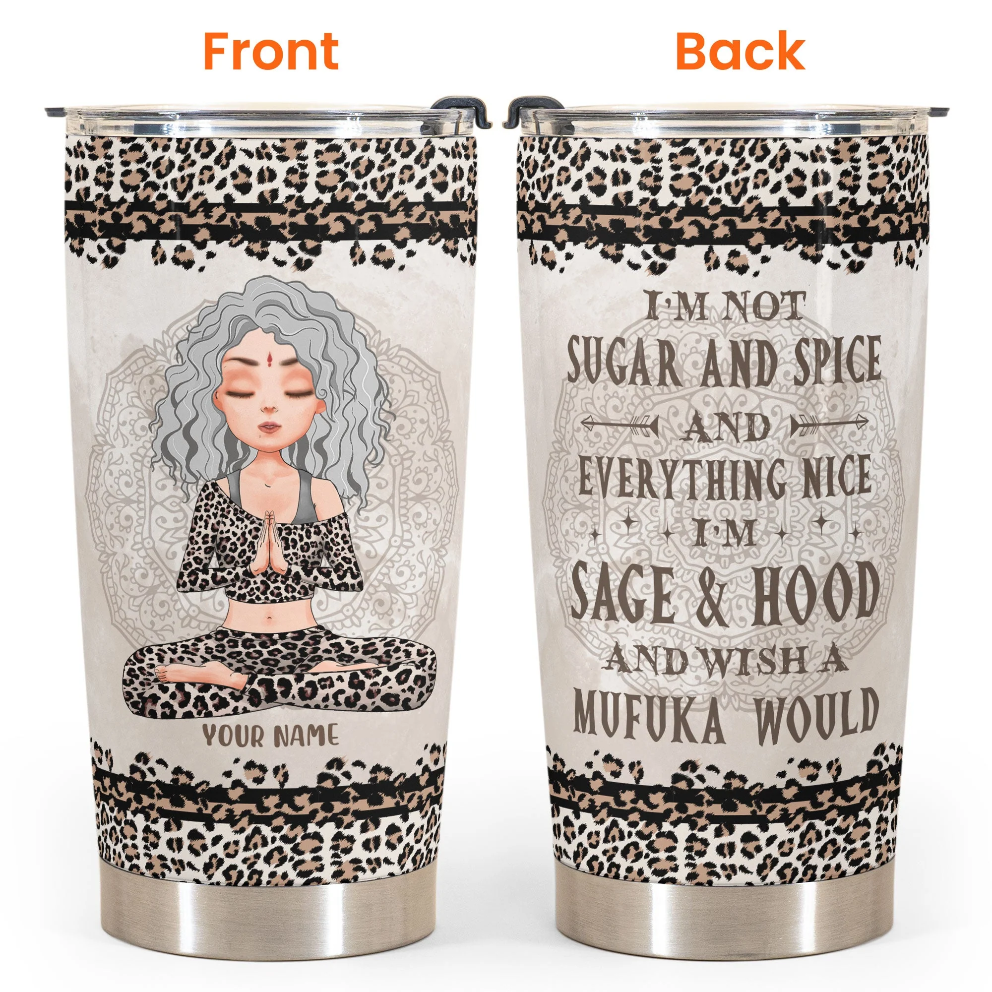 Sage & Hood - Personalized Tumbler Cup - Birthday Gift For Yoga Lover - Leopard Pattern Design - Image 4