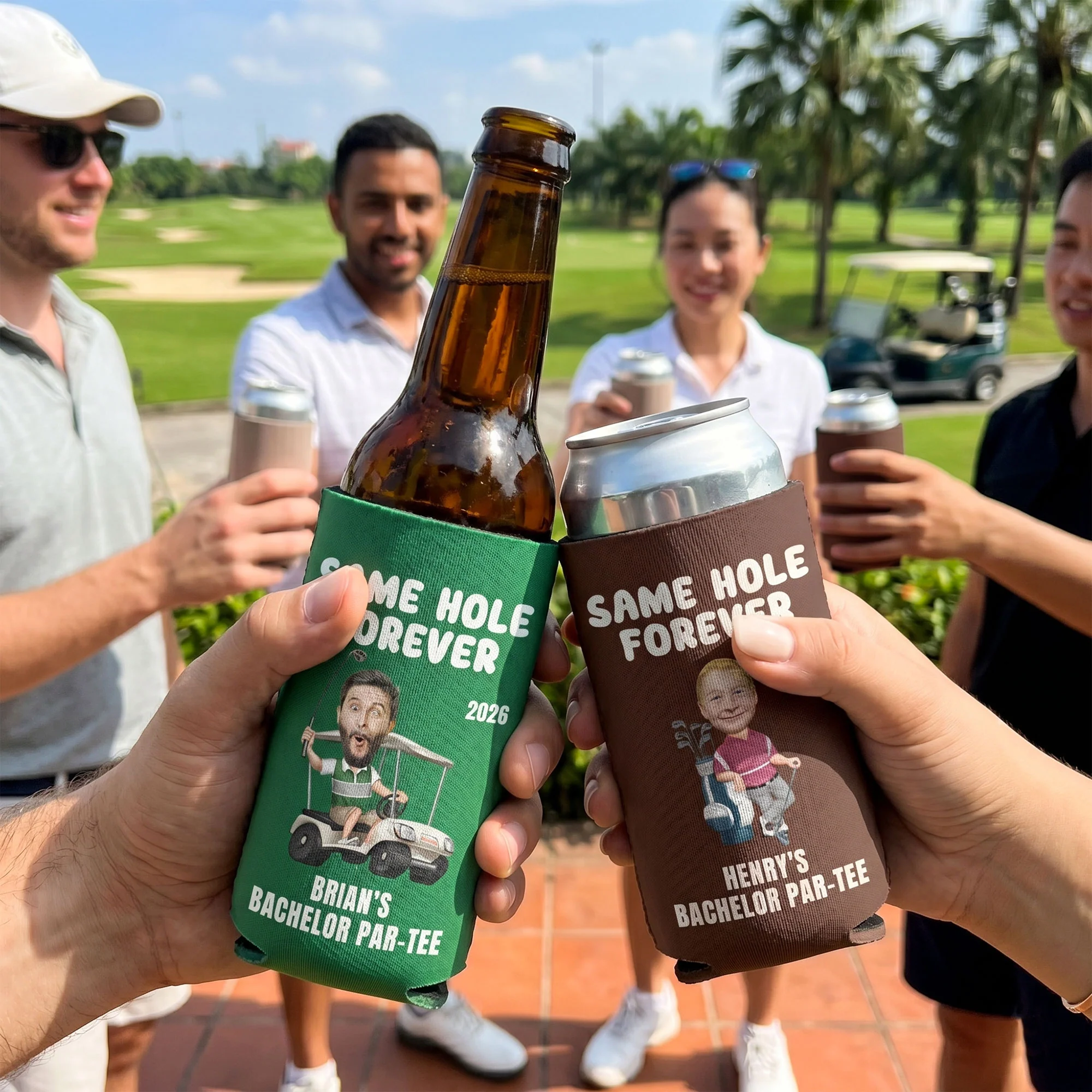 Same Hole Forever Golf Bachelor Party Favors - Custom His Funny Face - Personalized Can Cooler - Image 4