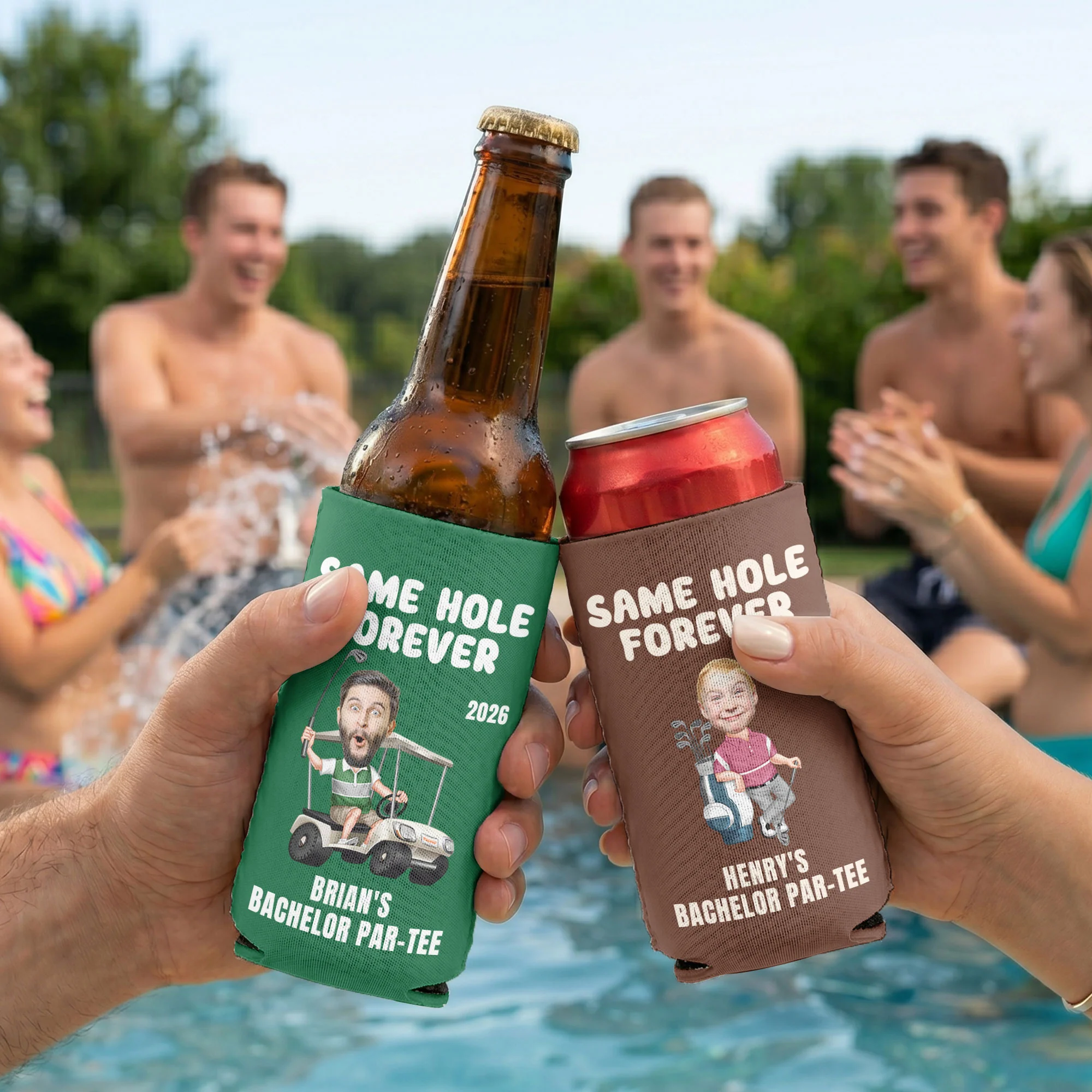Same Hole Forever Golf Bachelor Party Favors - Custom His Funny Face - Personalized Can Cooler - Image 9