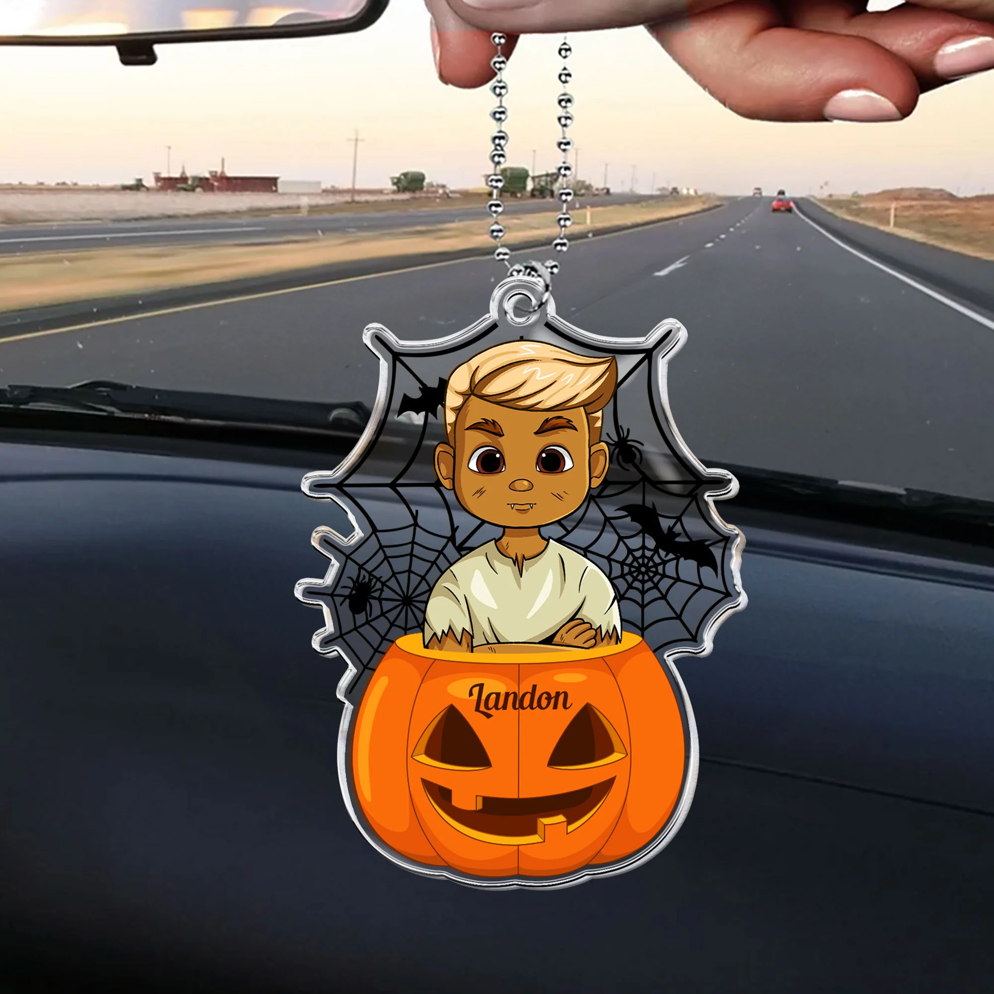 Scary Monster Kid In The Pumpkin Halloween Gift - Personalized Rear View Mirror Accessory, Halloween Ornament - Image 2