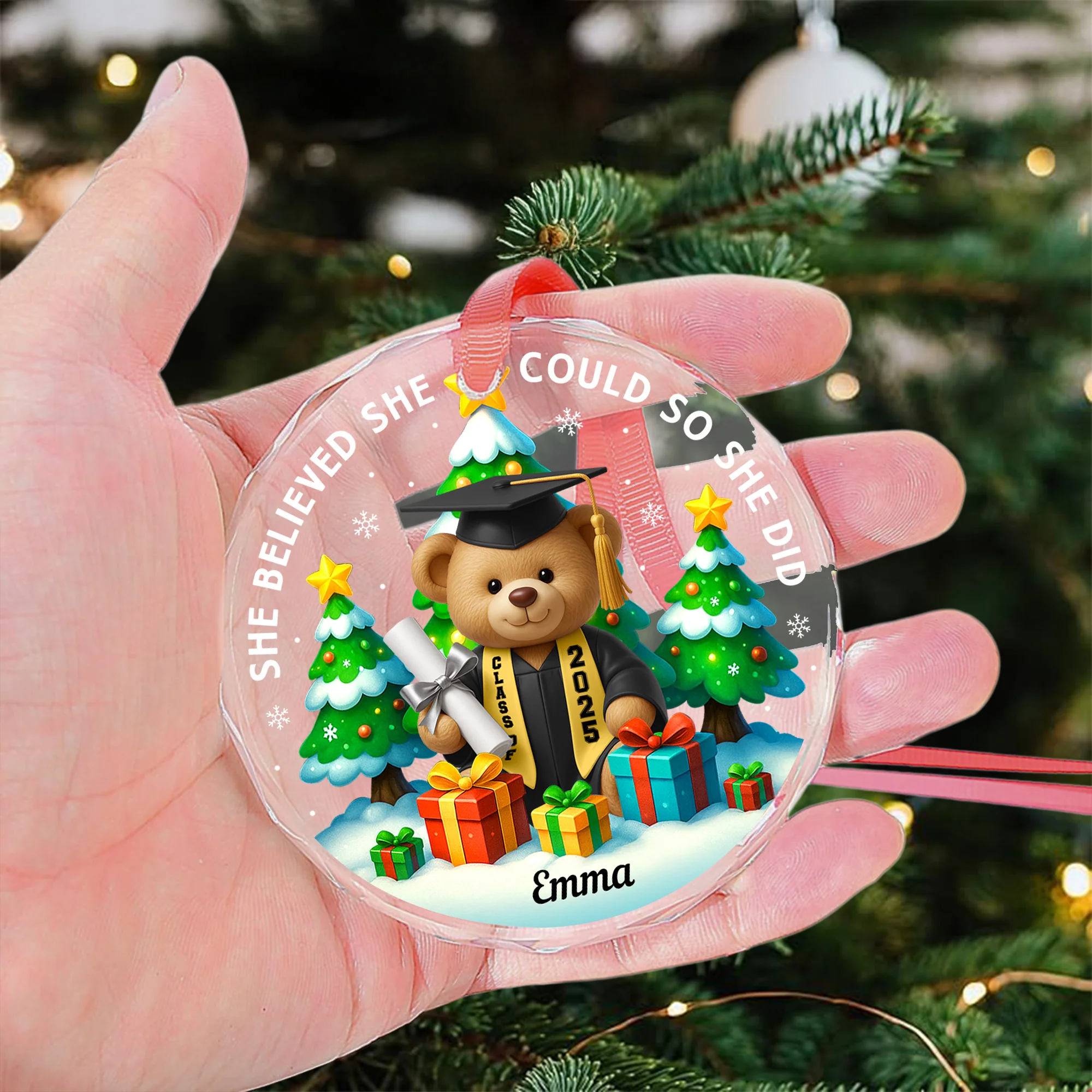 She Believed She Could So She Did - Graduation Bear - Personalized Glass Ornament - Image 3