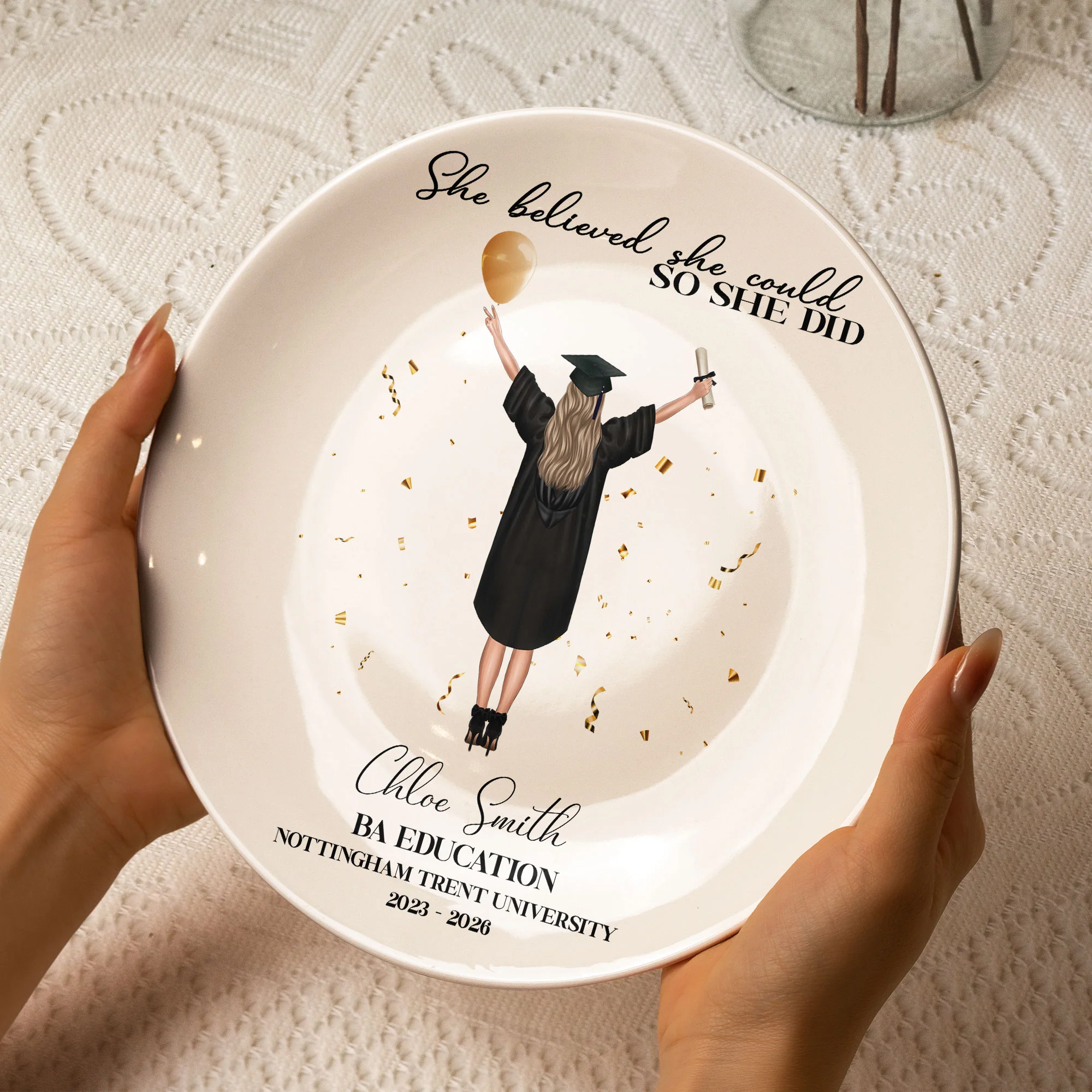 She Believed She Could So She Did - Personalized Ceramic Plate - Image 3