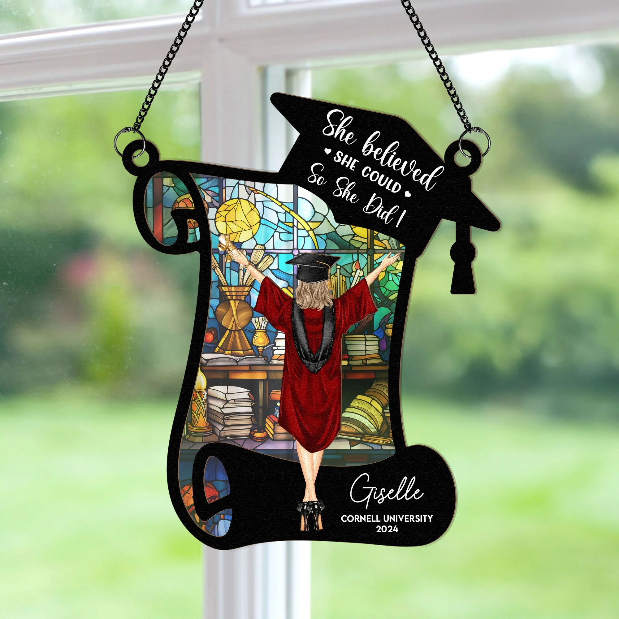 She Believed She Could So She Did! - Personalized Window Hanging Suncatcher Ornament - Image 3
