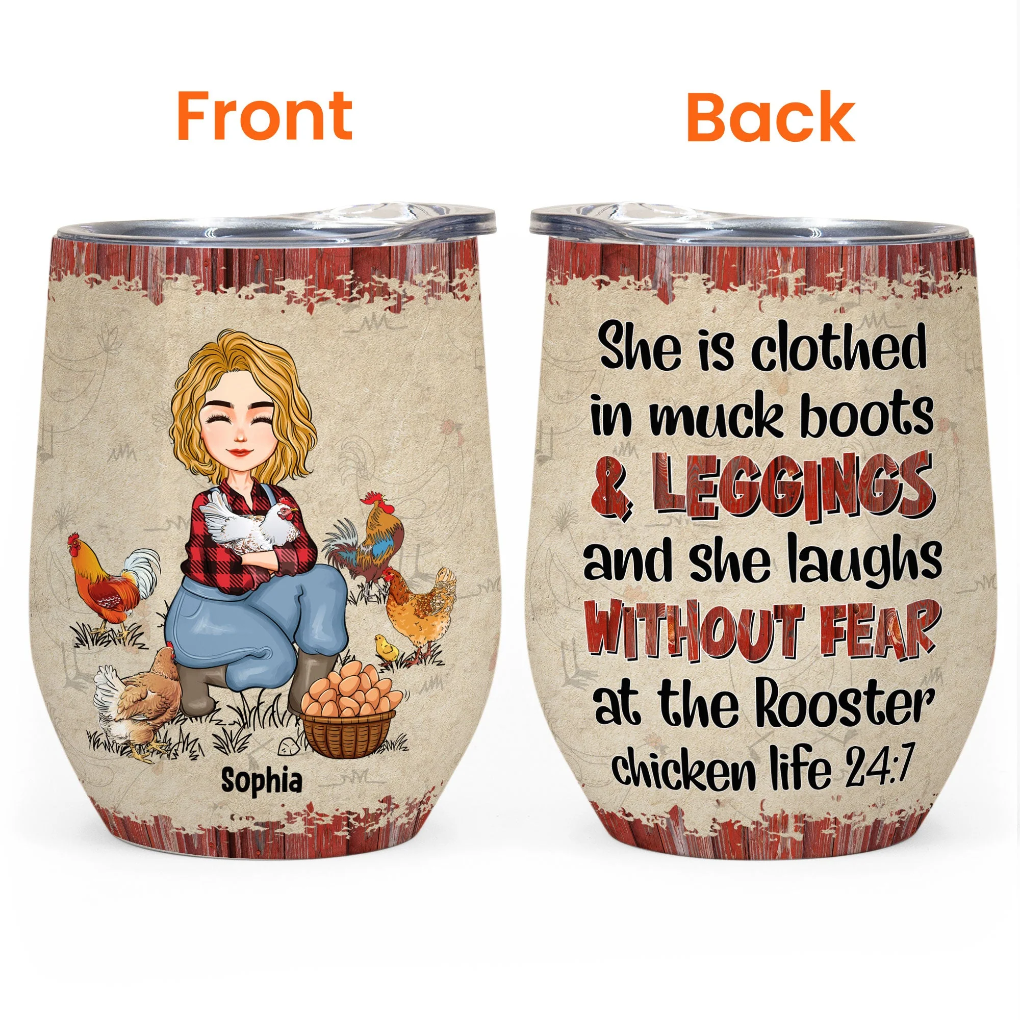 She Is Clothed In Muck Boots - Personalized Wine Tumbler - Birthday, Christmas, New Year Gift For Farmers, Chicken Lady - Image 3