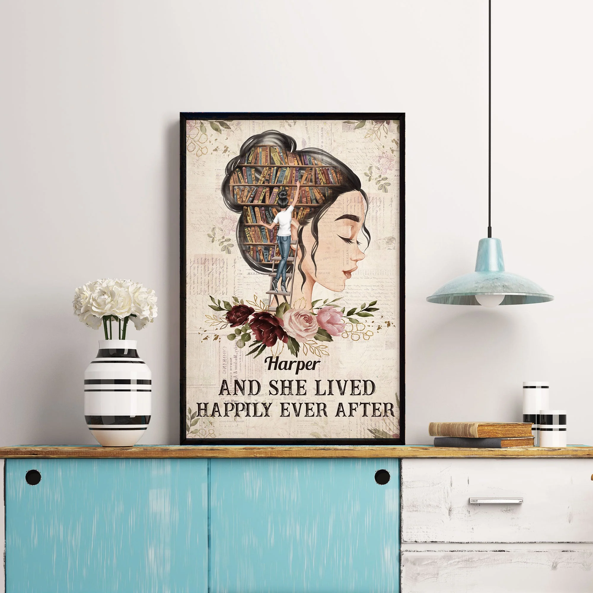She Lived Happily Ever After - Personalized Poster - Birthday Gift For Book Lovers, Bookworms - Image 3