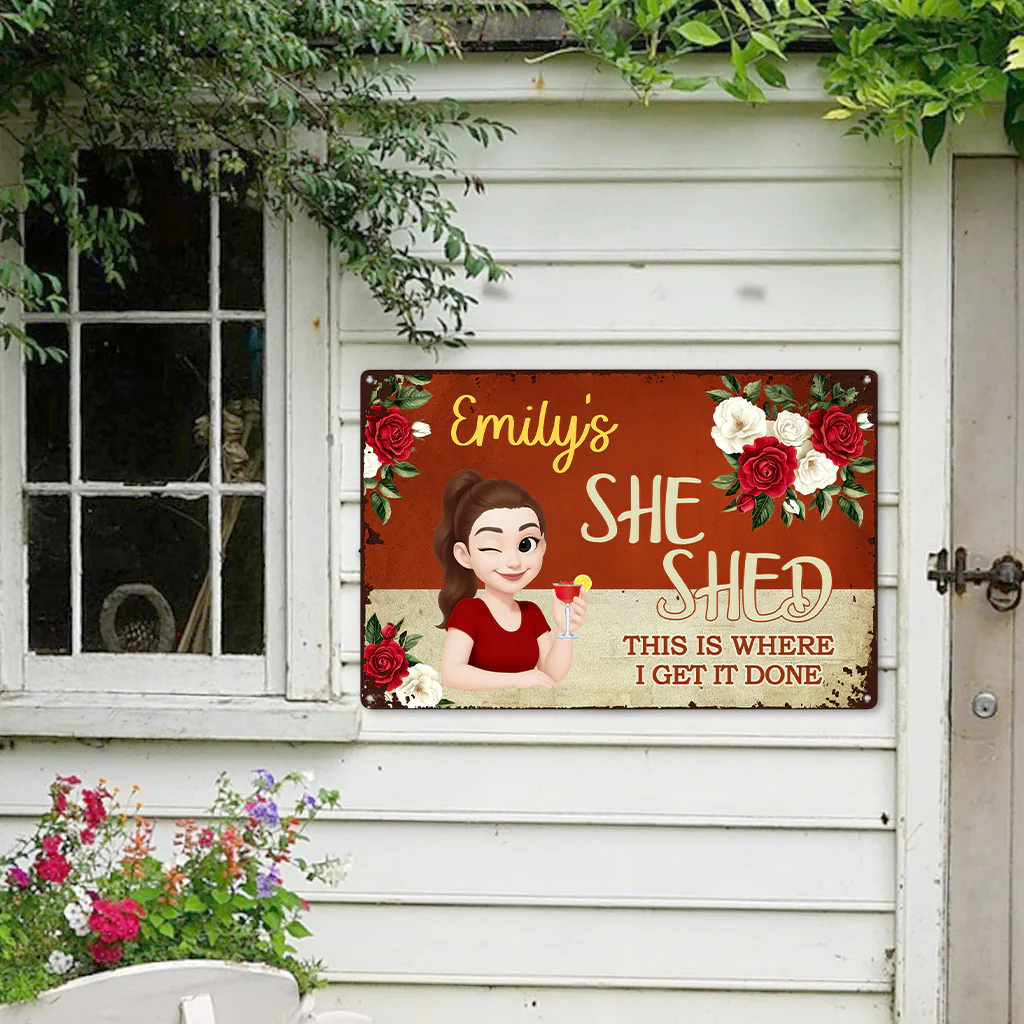 She Shed Sign For Gardening, Craft Room, Reading - Personalized Metal Sign - Image 3