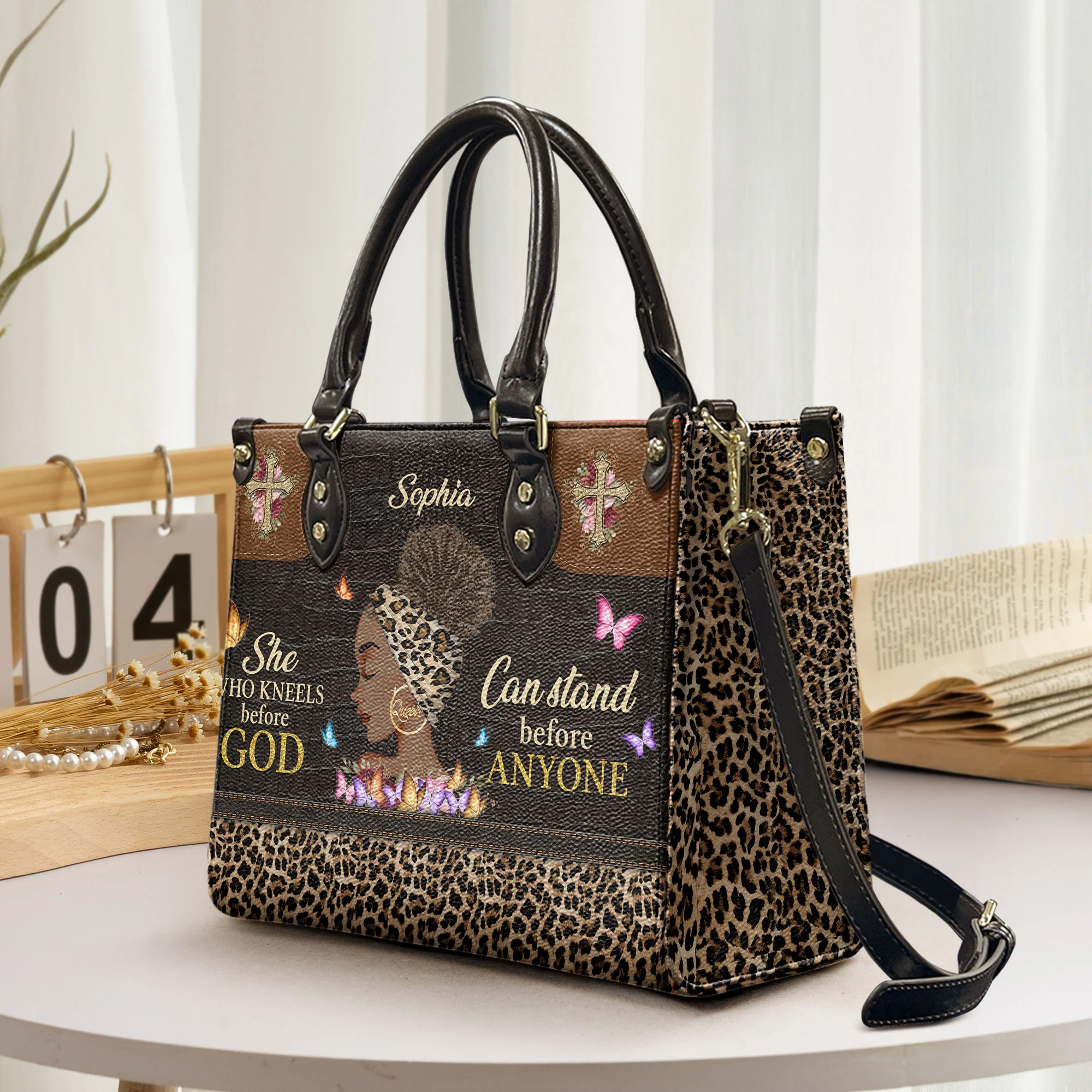 She Who Kneels Before God Can Stand Before Anyone - Personalized Leather Bag - Image 2