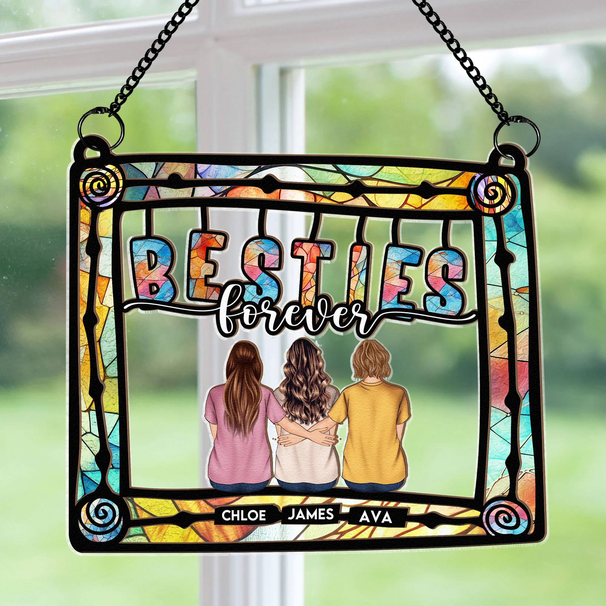 Siblings Being Together On Frame - Personalized Window Hanging Suncatcher Ornament - Image 2